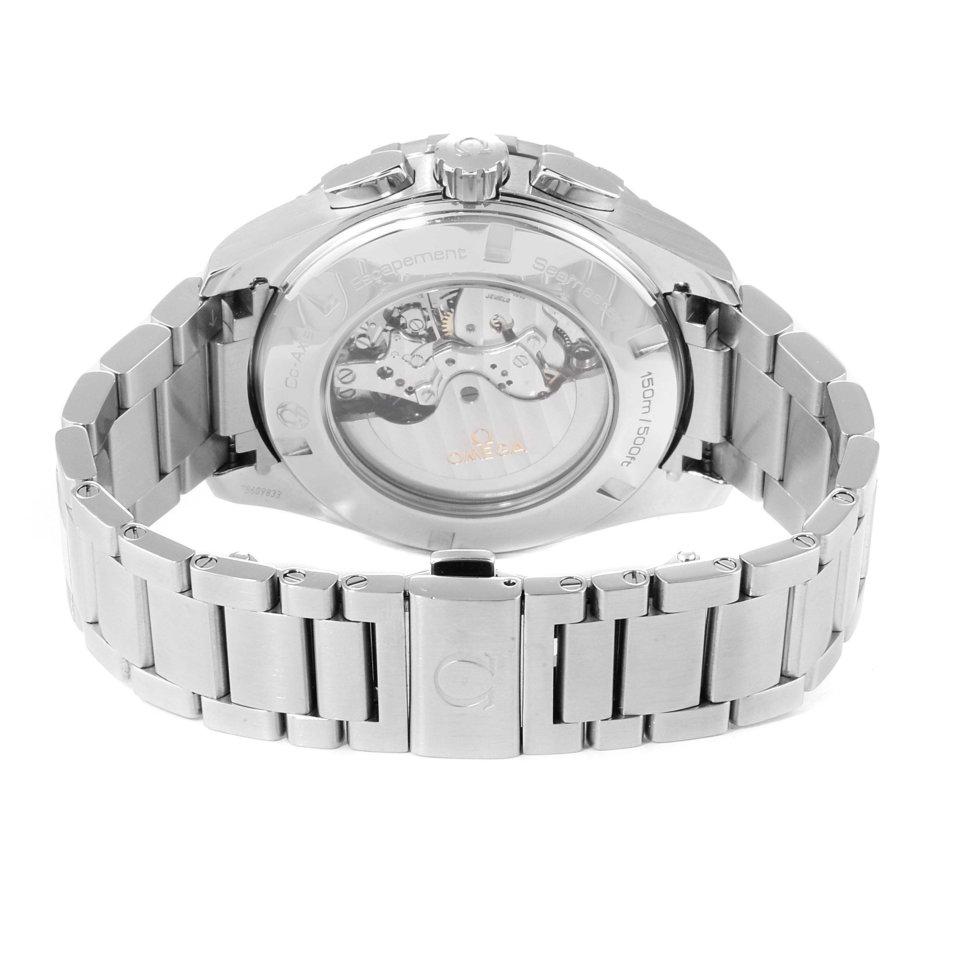 The Omega Aqua Terra 231.10.44.52.04.001 Men
s Stainless Steel White Dial 231.10.44.52.04.001 Men
s Stainless Steel White Dial watch is shown from the back, displaying its transparent case back and metal bracelet.