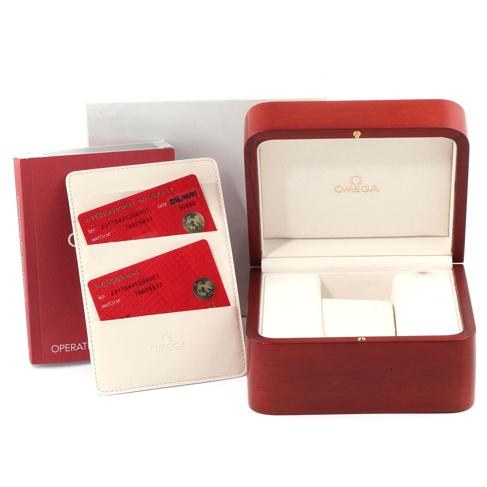 The image shows the Omega Aqua Terra 231.10.44.52.04.001 Men
s Stainless Steel White Dial 231.10.44.52.04.001 Men
s Stainless Steel White Dial watch box, warranty cards, cardholder, and operating instructions booklet.