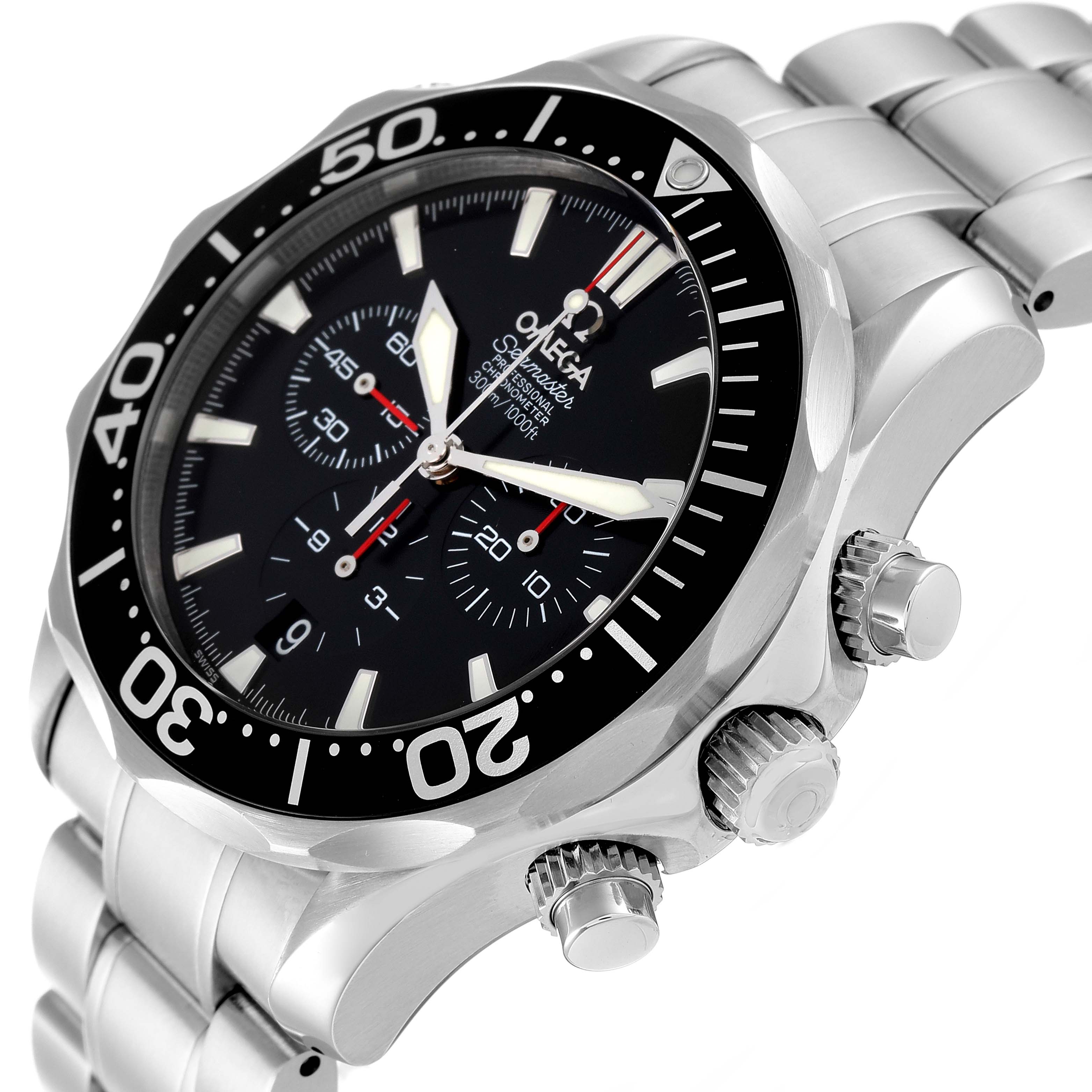 This image showcases the Omega Seamaster 2594.52.00 Men's Stainless Steel Black Dial 2594.52.00 Men's Stainless Steel Black Dial watch from an angled side view, highlighting its face, bezel, and crown.