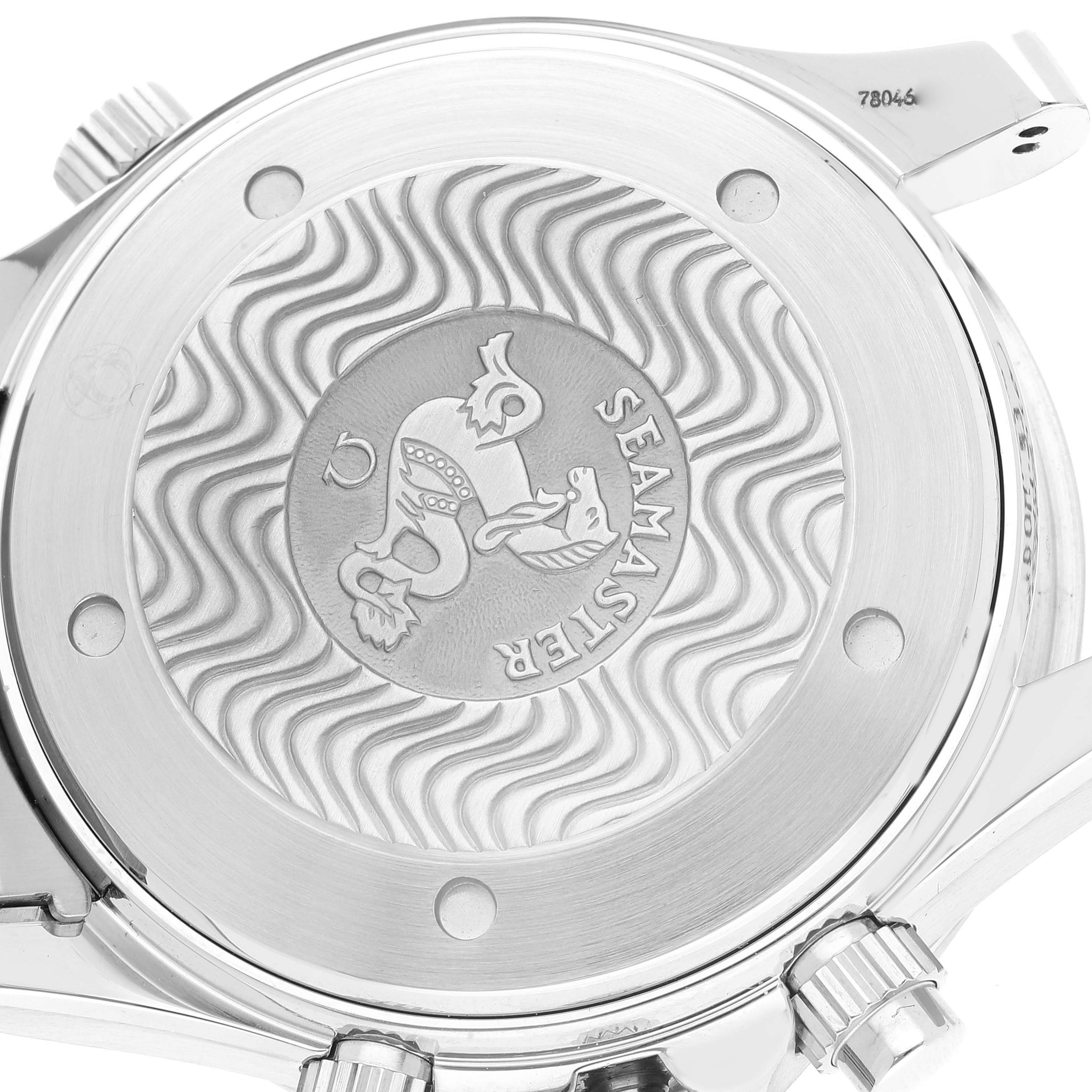 The image shows the back case of an Omega Seamaster 2594.52.00 Men's Stainless Steel Black Dial 2594.52.00 Men's Stainless Steel Black Dial watch, highlighting its intricate engraving and wave design.