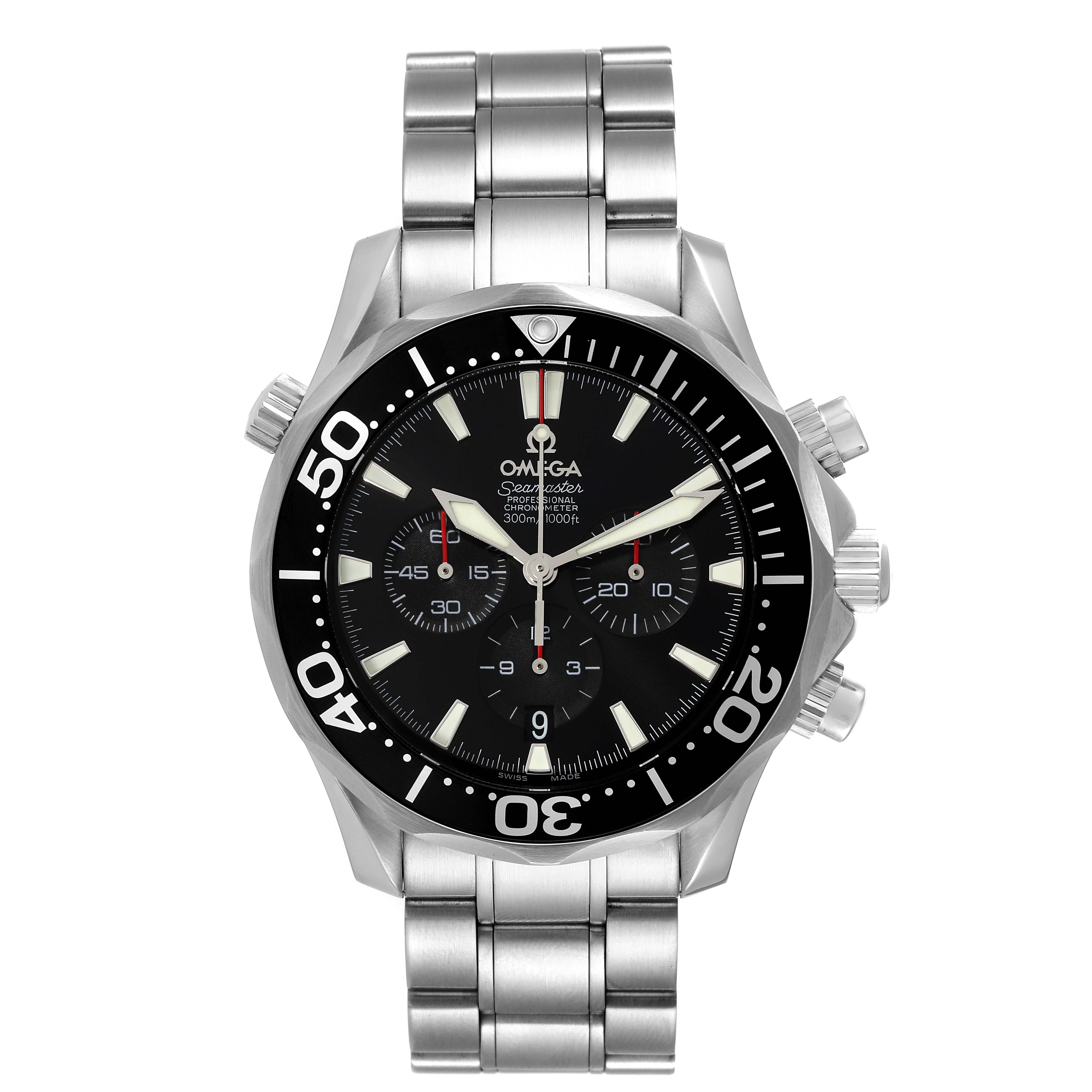 The image shows a frontal view of an Omega Seamaster 2594.52.00 Men's Stainless Steel Black Dial 2594.52.00 Men's Stainless Steel Black Dial watch, highlighting its dial, bezel, and metal bracelet.