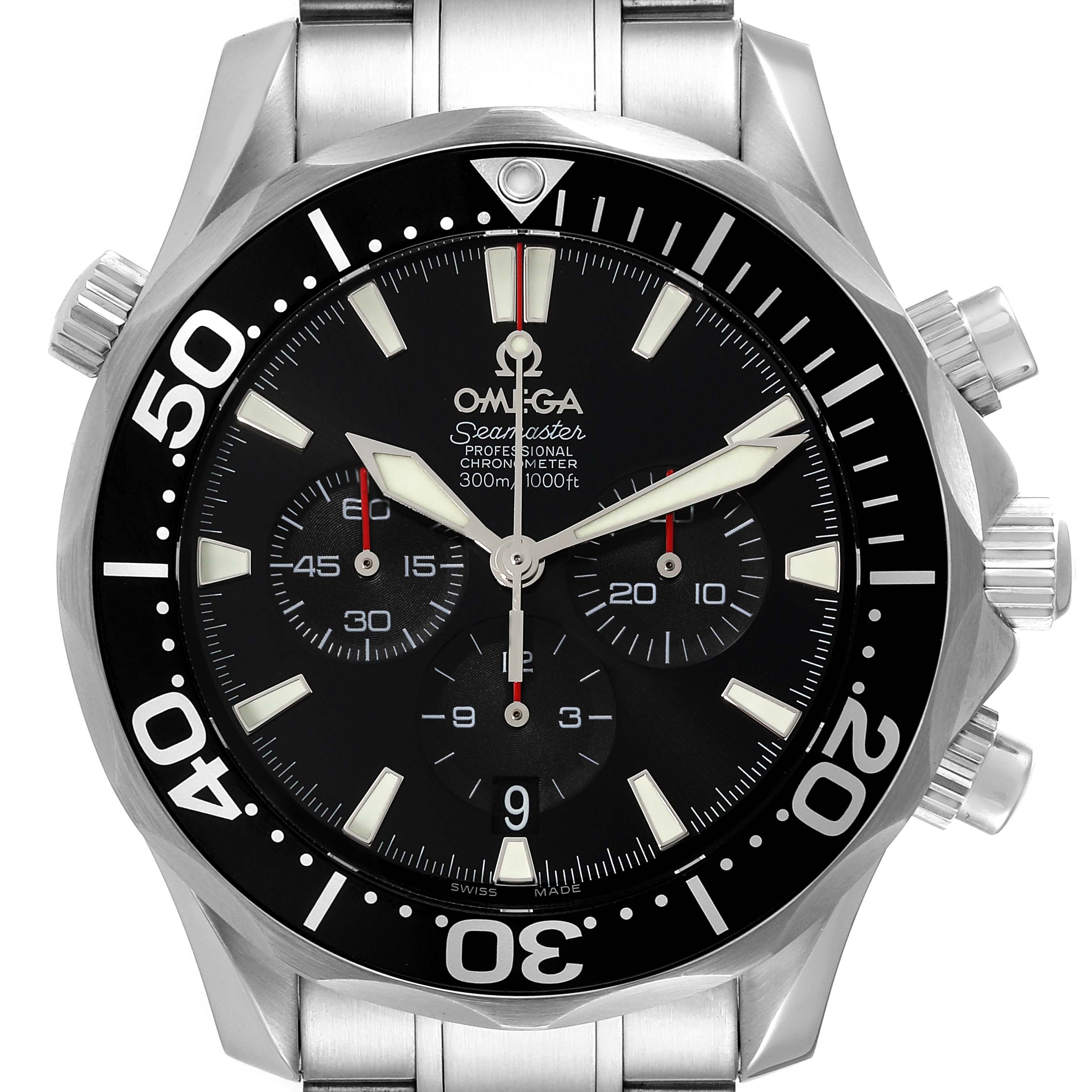 The image shows a front view of the Omega Seamaster 2594.52.00 Men's Stainless Steel Black Dial 2594.52.00 Men's Stainless Steel Black Dial watch, highlighting its bezel, chronograph subdials, and stainless steel bracelet.
