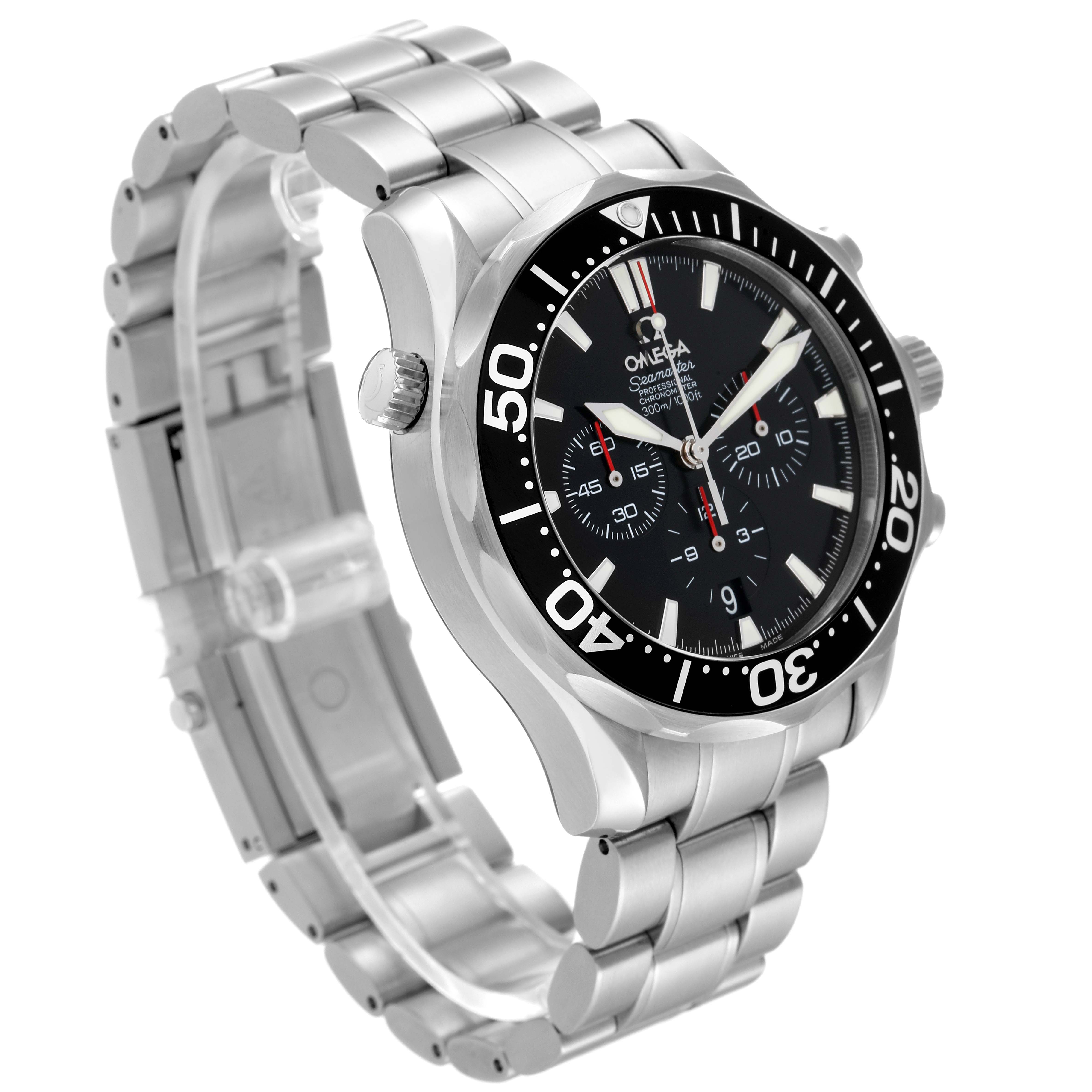 The Omega Seamaster 2594.52.00 Men's Stainless Steel Black Dial 2594.52.00 Men's Stainless Steel Black Dial watch is shown at a three-quarter angle displaying its face, bezel, crown, and stainless steel bracelet.