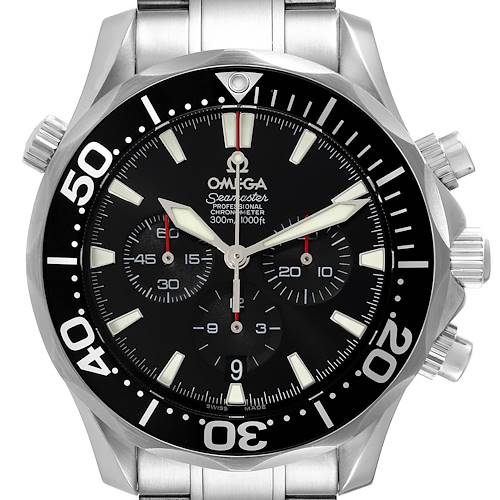 This image shows a front view of an Omega Seamaster watch, highlighting its dial, bezel, chronograph subdials, and stainless steel bracelet.