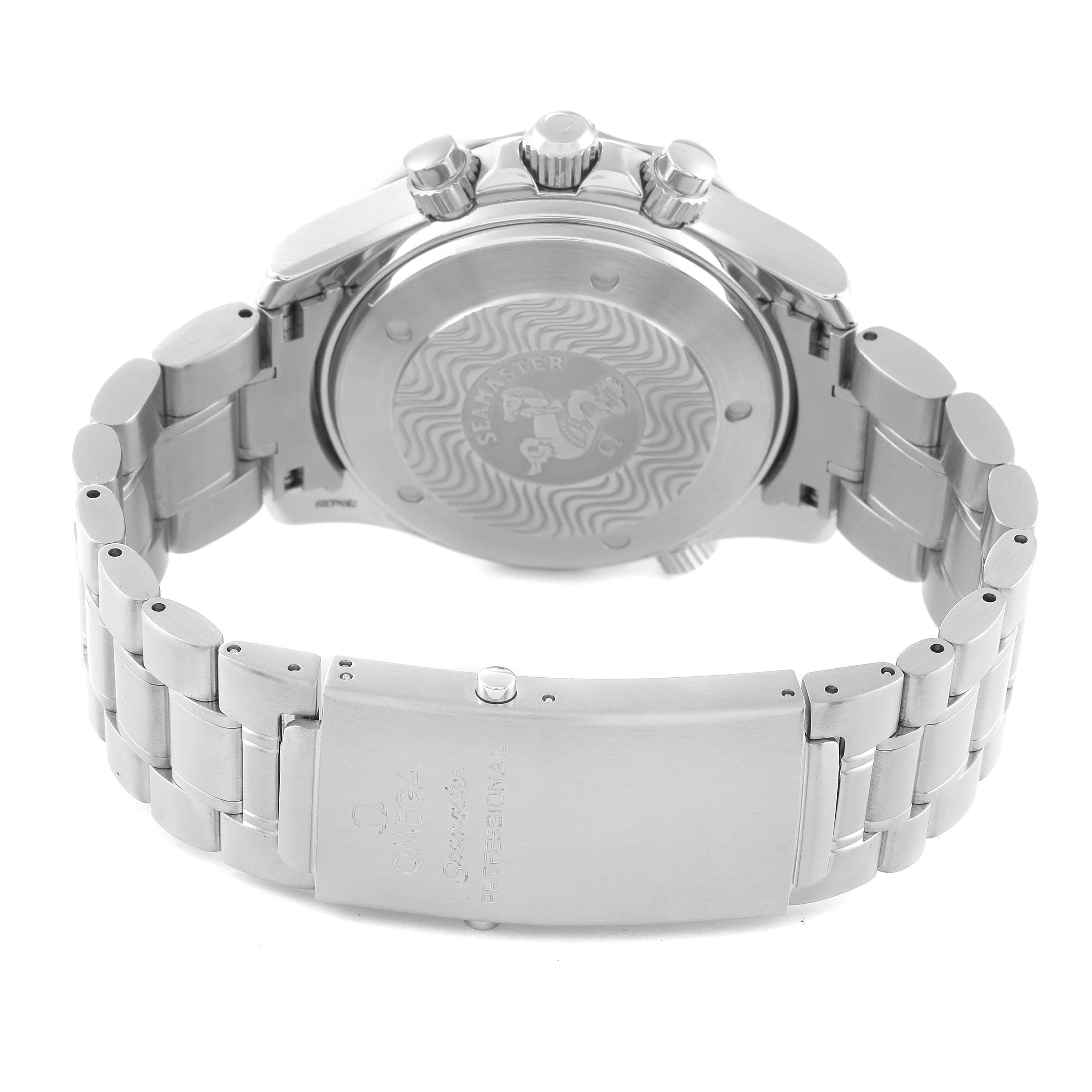 The image shows the back case and bracelet of an Omega Seamaster 2594.52.00 Men's Stainless Steel Black Dial 2594.52.00 Men's Stainless Steel Black Dial watch, highlighting the clasp and chronograph pushers.