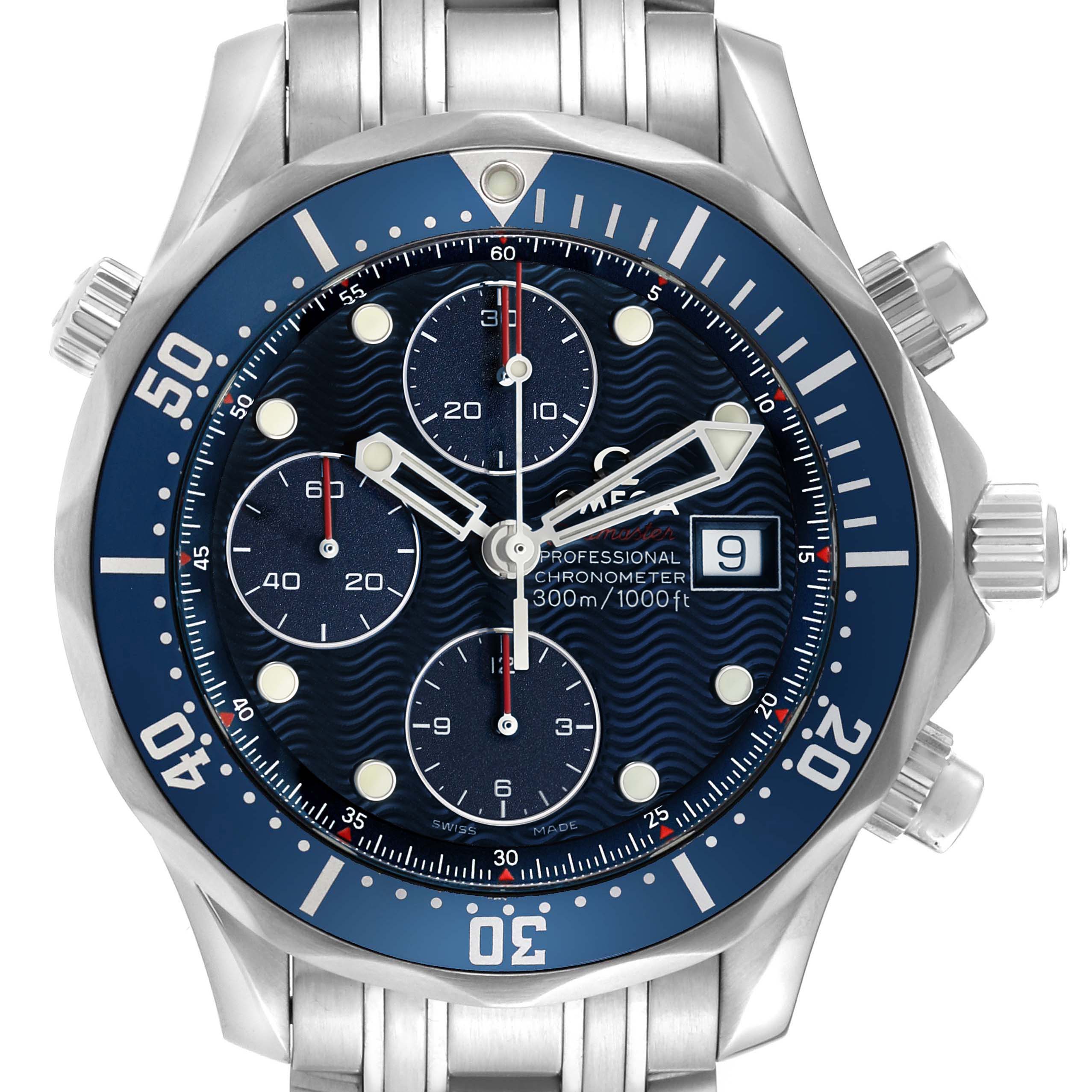 The Omega Seamaster 2225.80.00 Men's Stainless Steel Blue Dial watch is shown from a front angle, highlighting the dial, bezel, and bracelet.