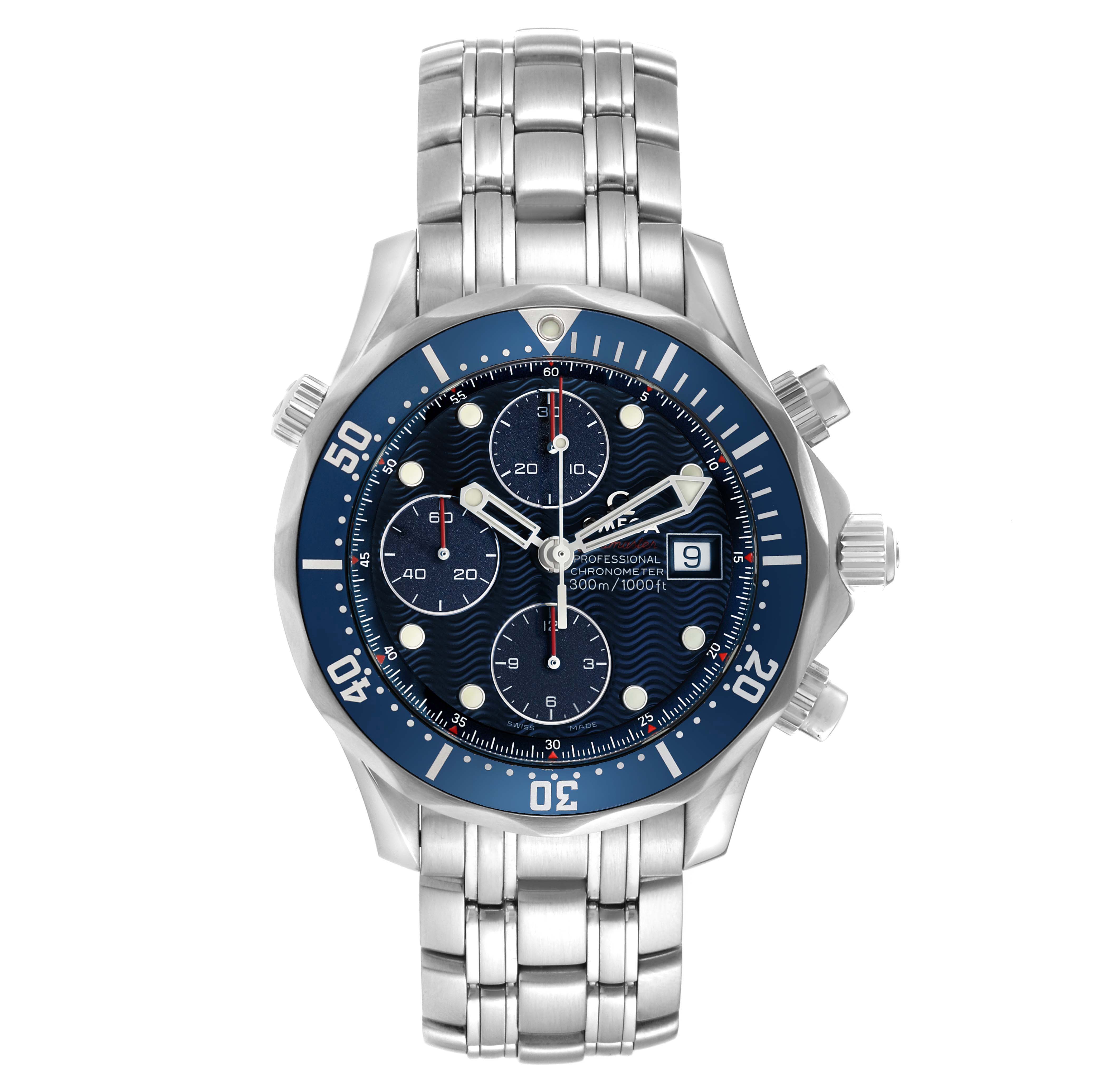 The Omega Seamaster 2225.80.00 Men's Stainless Steel Blue Dial watch is shown from the front, displaying the face, bezel, pushers, and bracelet clearly.