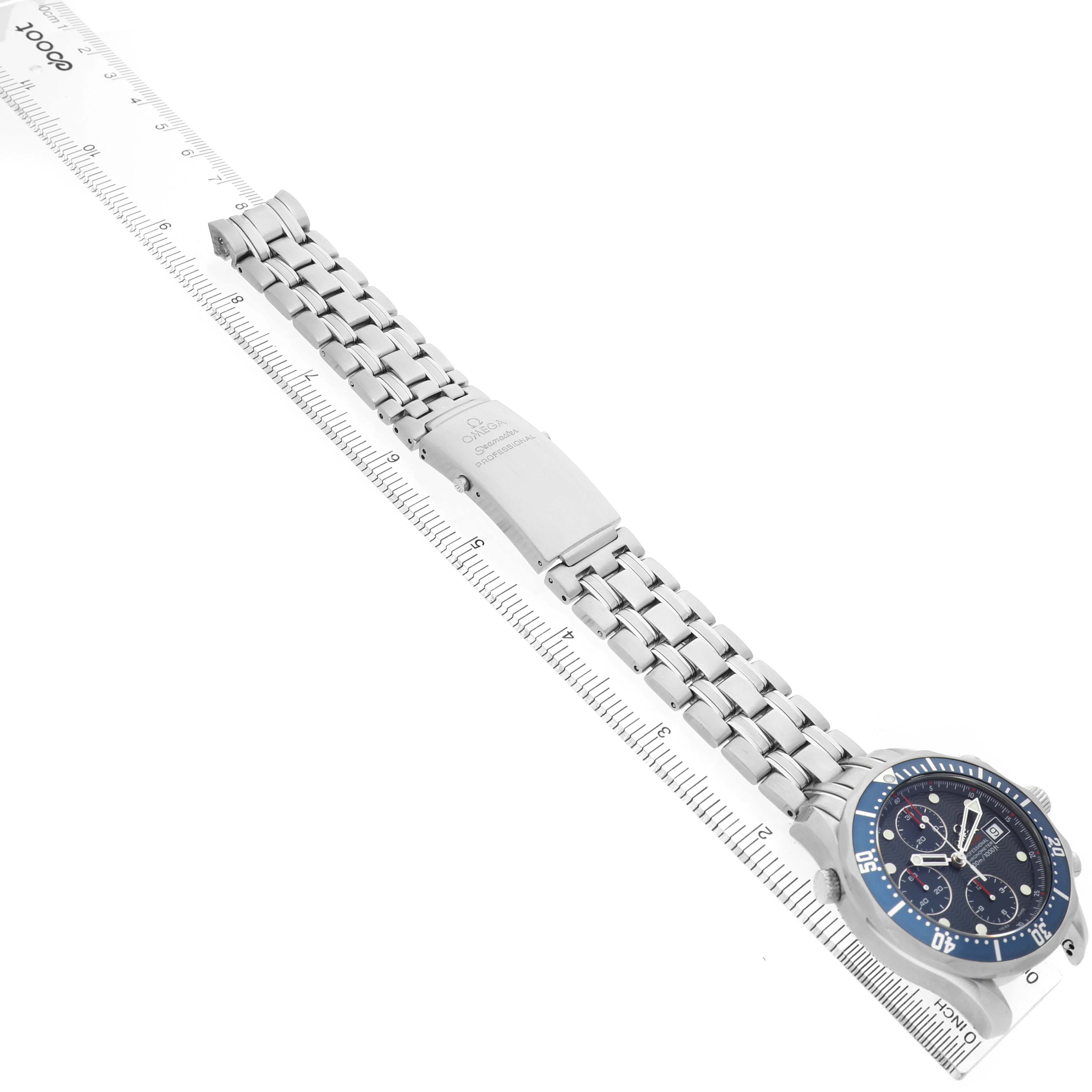 The Omega Seamaster 2225.80.00 Men's Stainless Steel Blue Dial watch is shown from a side angle, displaying the face and full bracelet.