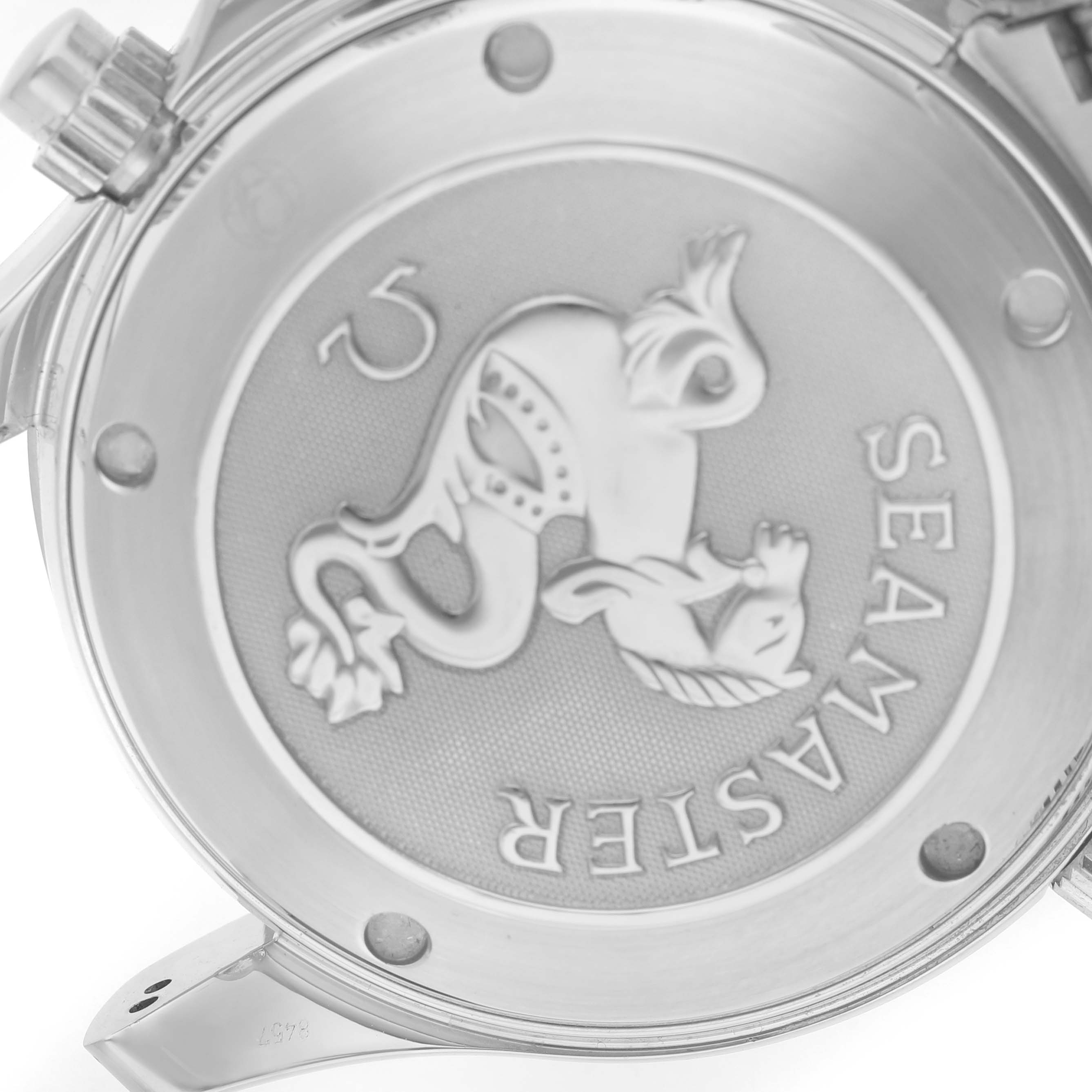 The image shows the case back of an Omega Seamaster 2225.80.00 Men's Stainless Steel Blue Dial, featuring the engraved Omega logo and Seamaster emblem at a close-up angle.