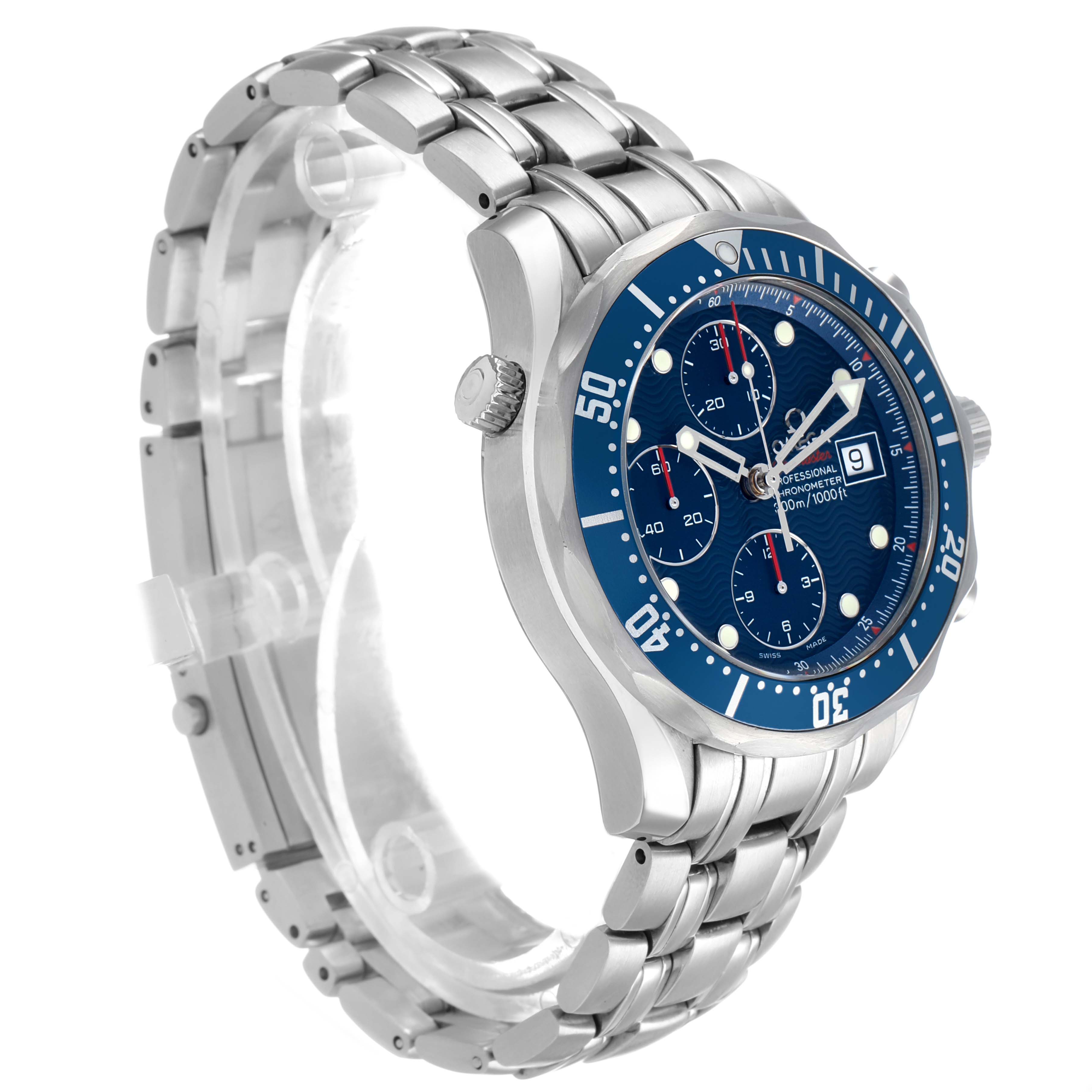 The image shows a side angle of the Omega Seamaster 2225.80.00 Men's Stainless Steel Blue Dial watch, highlighting the bezel, dial, chronograph features, bracelet, and crown.