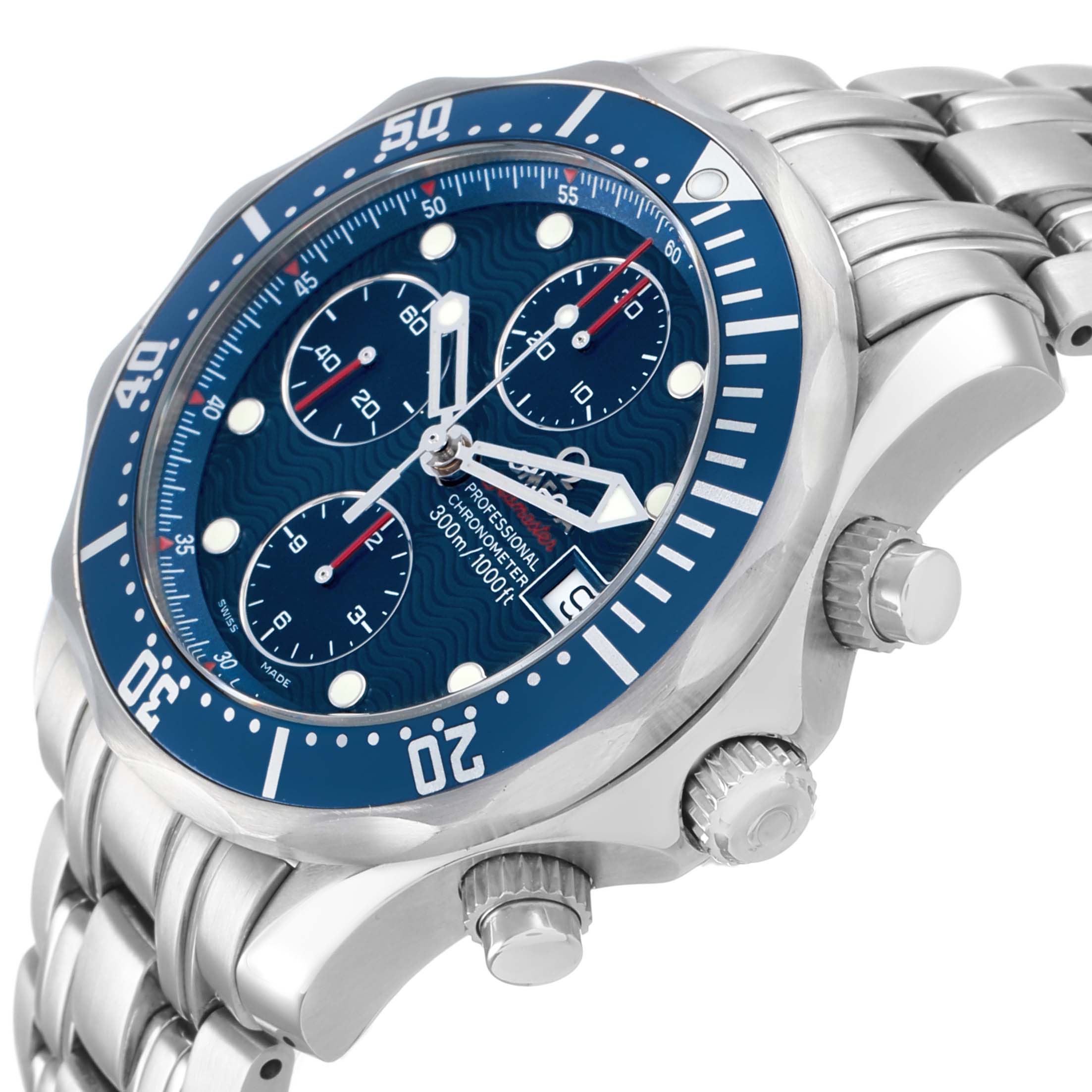 The Omega Seamaster 2225.80.00 Men's Stainless Steel Blue Dial is shown at a slight side angle, displaying the bezel, crown, and chronograph dials.