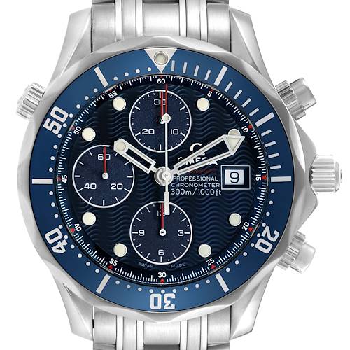 The image shows a front view of the Omega Seamaster 2225.80.00 Men's Stainless Steel Blue Dial watch, highlighting its blue dial, subdials, bezel, and bracelet.