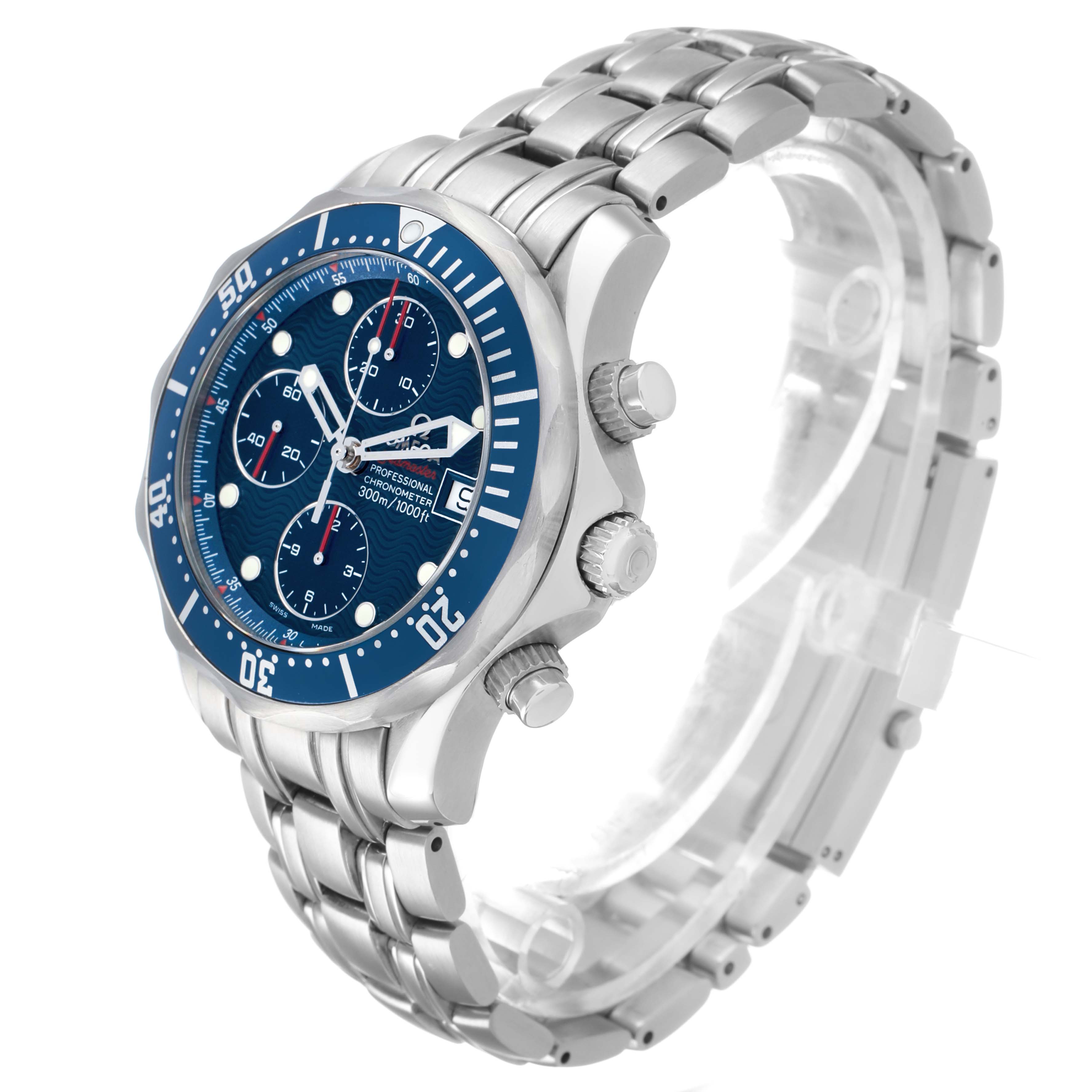 The Omega Seamaster 2225.80.00 Men's Stainless Steel Blue Dial watch is shown at a three-quarter angle, highlighting the face, bezel, and stainless steel bracelet.