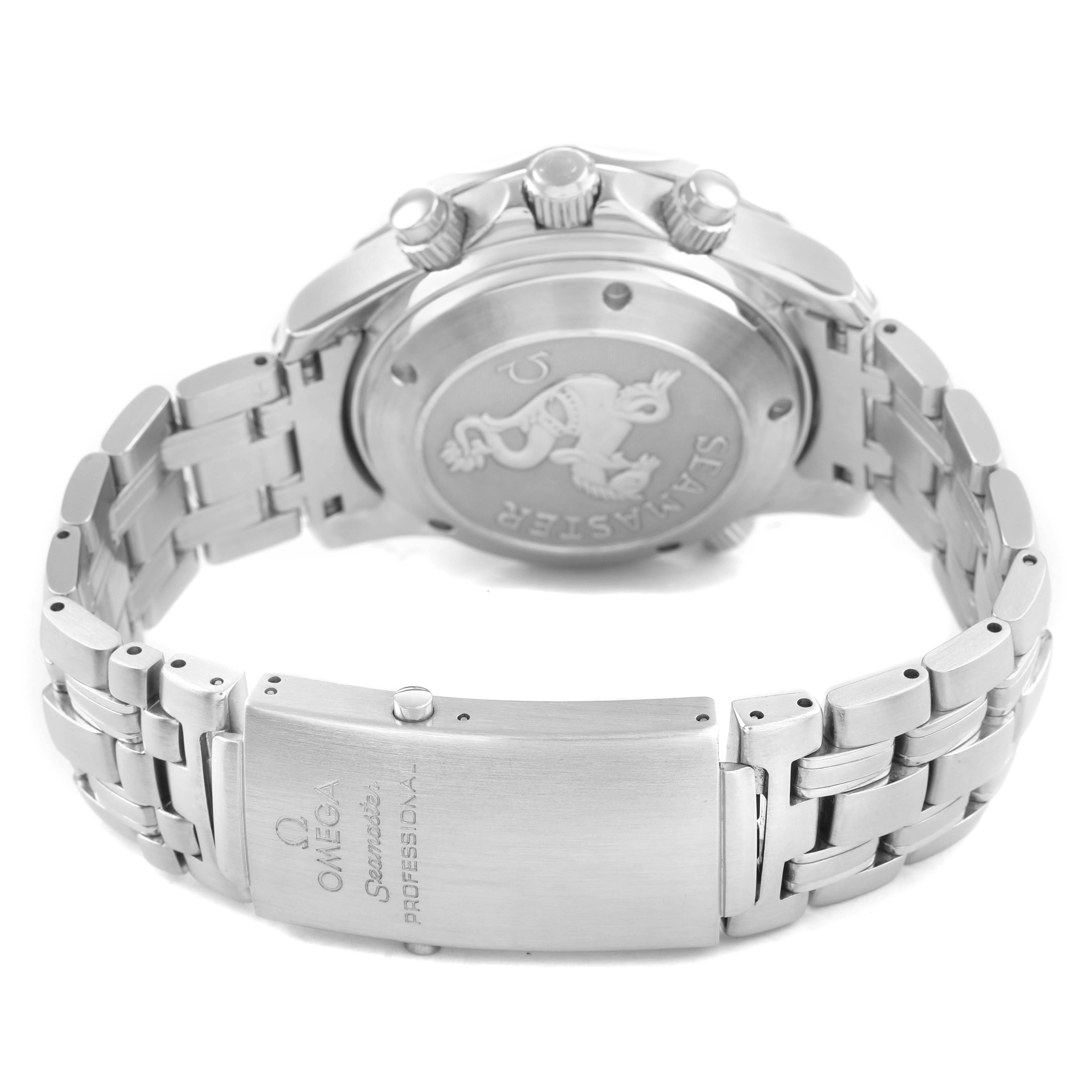 The image shows the back case, crown, and clasp of the Omega Seamaster 2225.80.00 Men's Stainless Steel Blue Dial watch.
