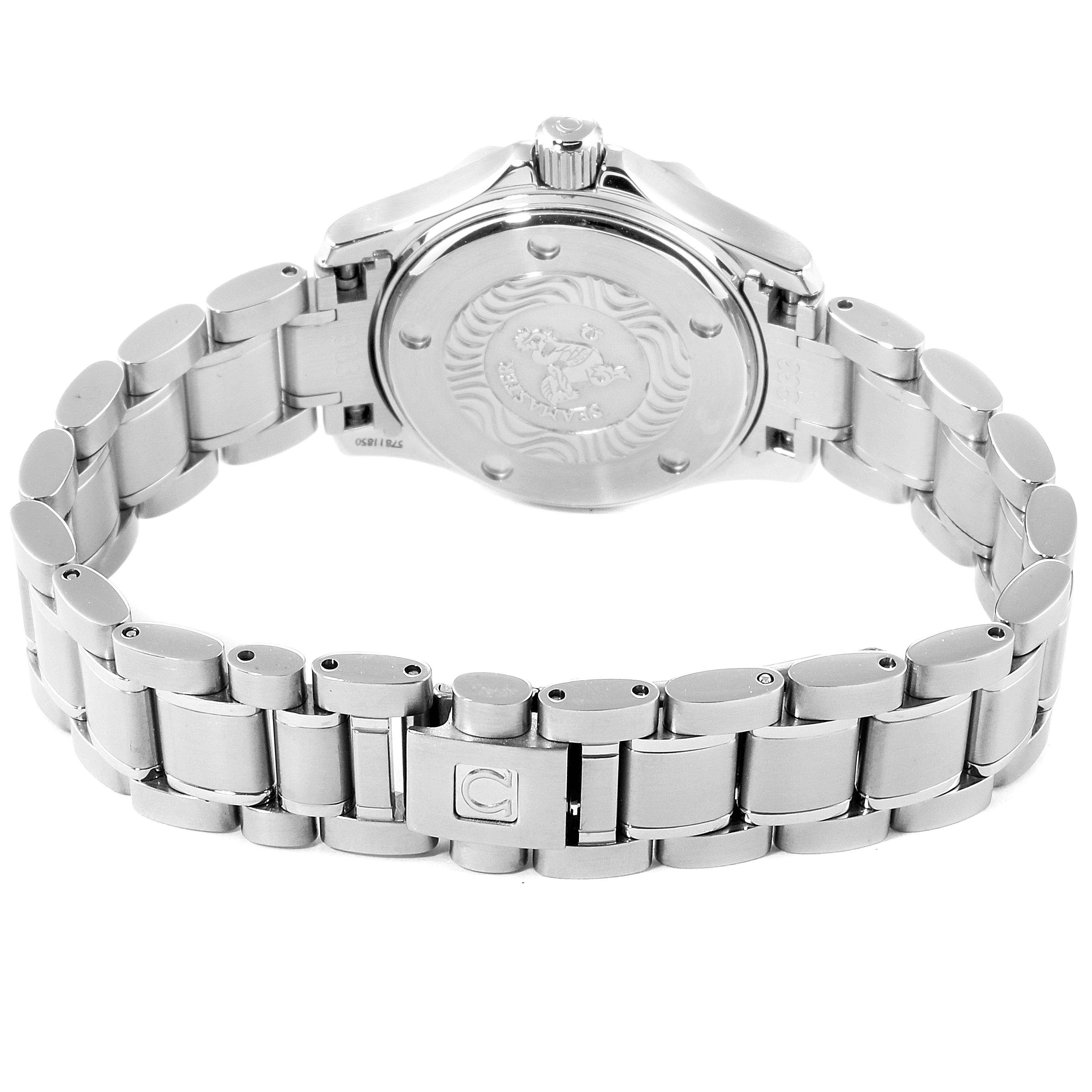 The image shows the backside and stainless steel band of the Omega 2284.50.00 Women's Stainless Steel Black Dial 2284.50.00 Women's Stainless Steel Black Dial Seamaster Diver 300M Quartz 28mm Steel Ladies Watch 2284.50.00.