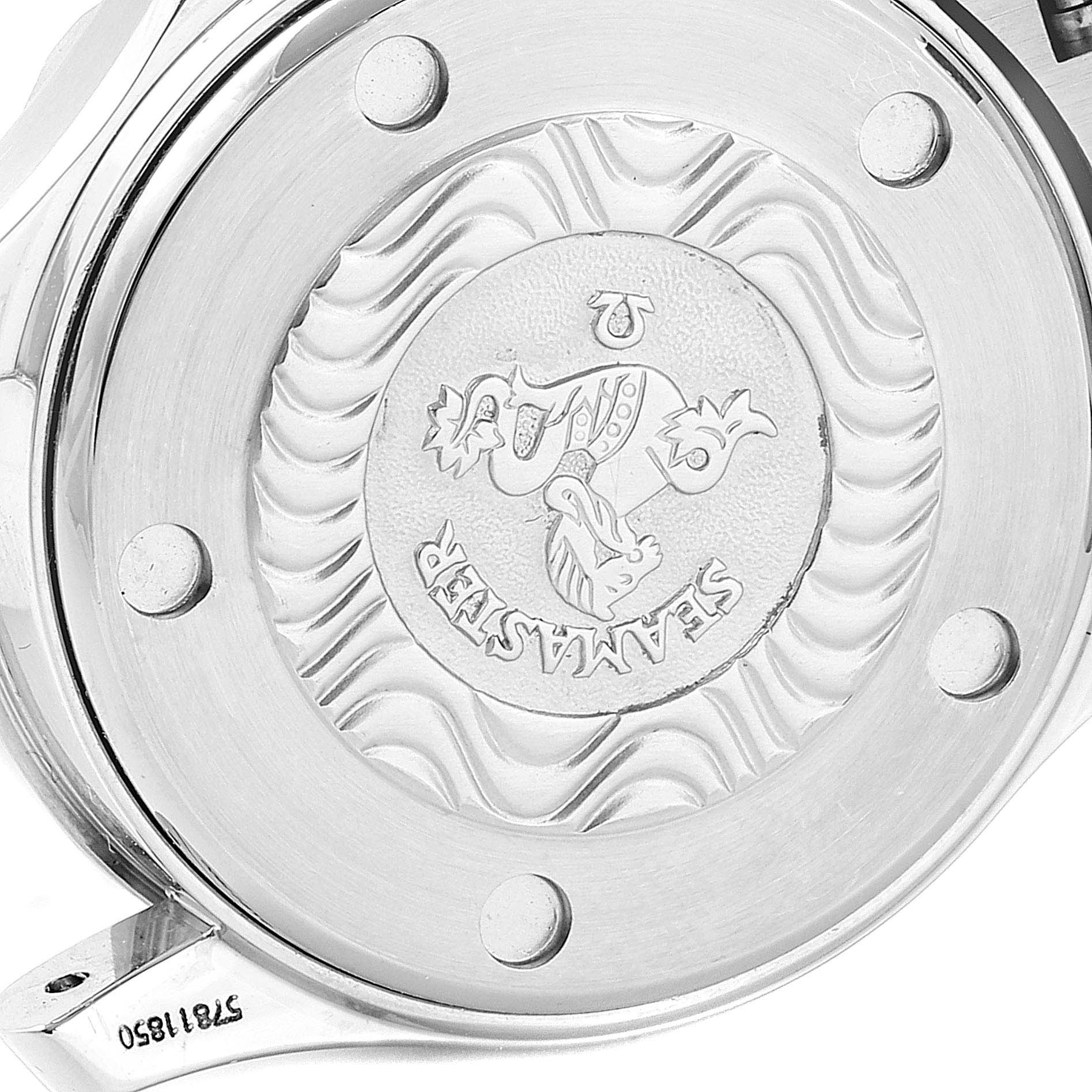 The image shows the engraved case back of the Omega 2284.50.00 Women's Stainless Steel Black Dial 2284.50.00 Women's Stainless Steel Black Dial Seamaster Diver 300M Quartz 28mm Steel Ladies Watch model 2284.50.00.