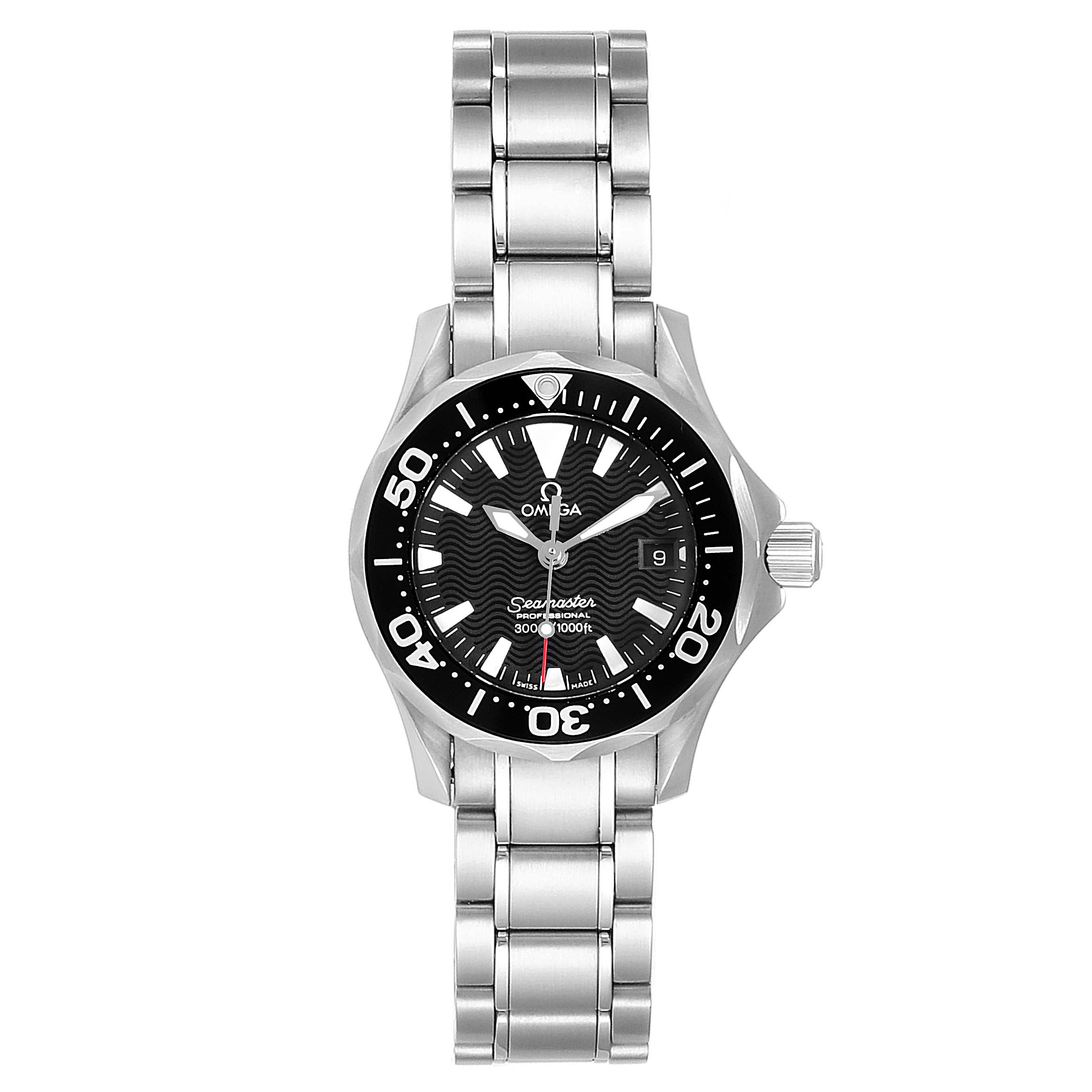 The image shows a front view of the Omega 2284.50.00 Women's Stainless Steel Black Dial 2284.50.00 Women's Stainless Steel Black Dial Seamaster Diver 300M Quartz 28mm Steel Ladies Watch model 2284.50.00, highlighting the face and bracelet.