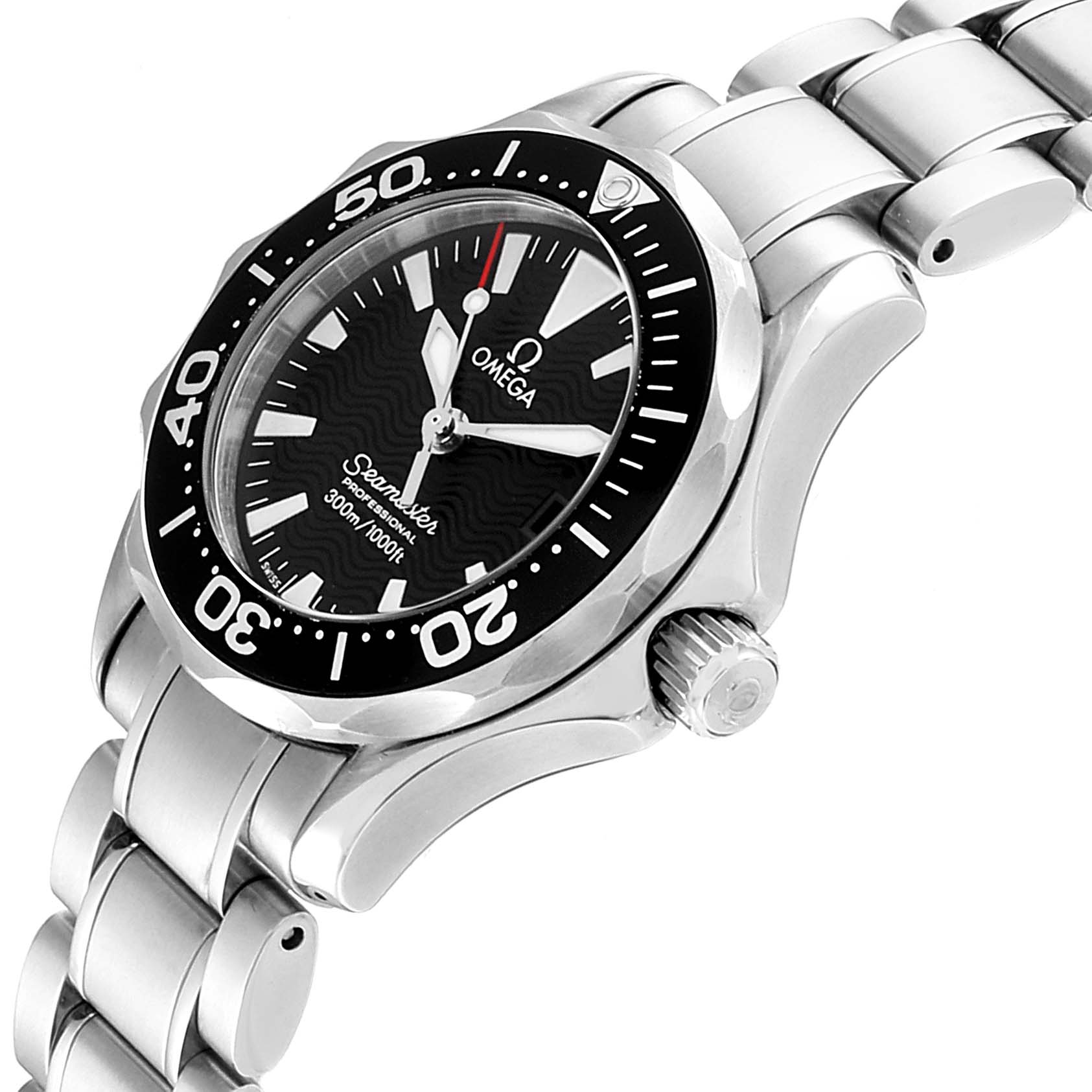 This image shows an angled view of the Omega 2284.50.00 Women's Stainless Steel Black Dial 2284.50.00 Women's Stainless Steel Black Dial Seamaster Diver 300M Quartz 28mm Steel Ladies Watch 2284.50.00, focusing on the dial, bezel, and crown.