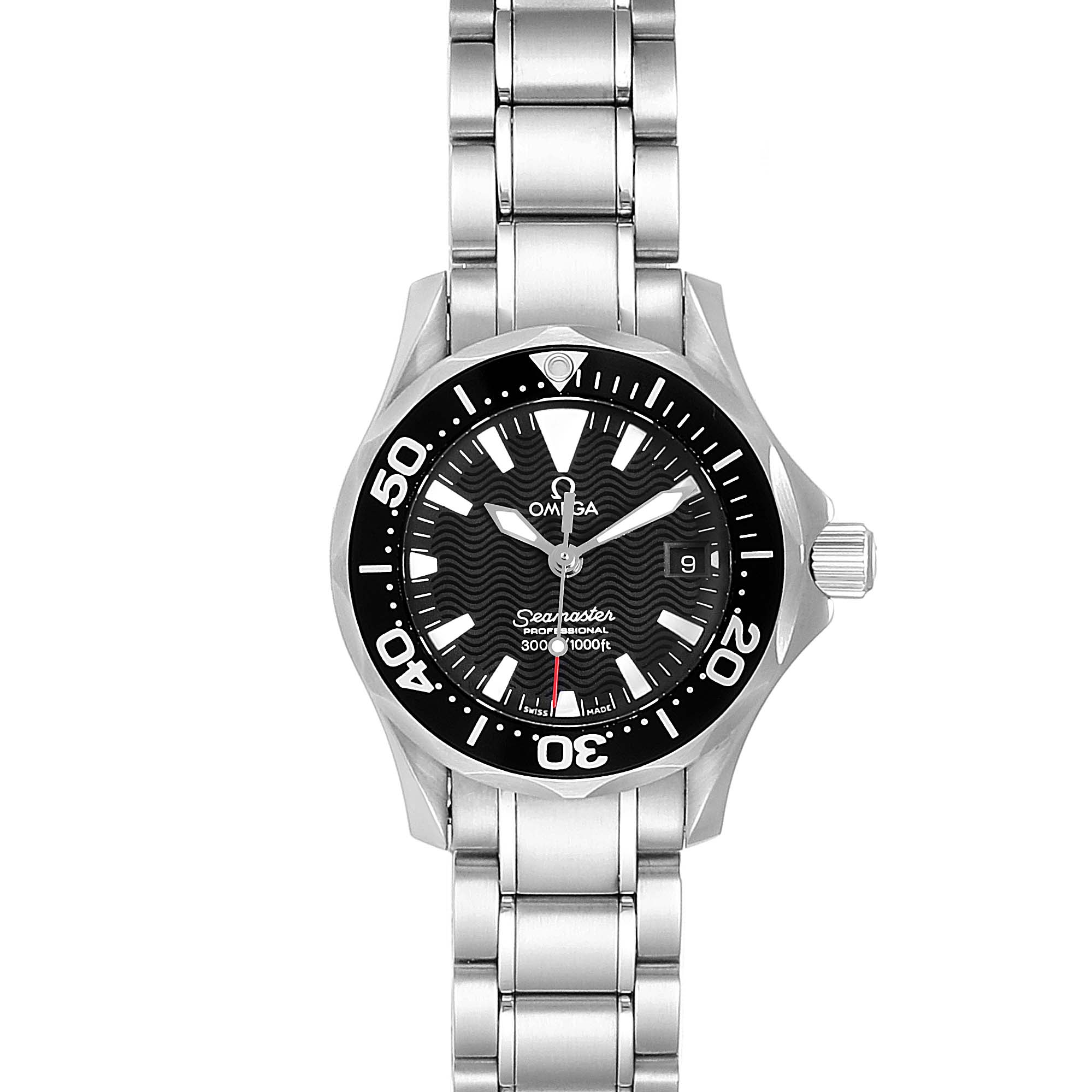 The image shows a front view of the Omega 2284.50.00 Women's Stainless Steel Black Dial 2284.50.00 Women's Stainless Steel Black Dial Seamaster Diver 300M Quartz 28mm Steel Ladies Watch 2284.50.00, displaying its dial and bracelet.