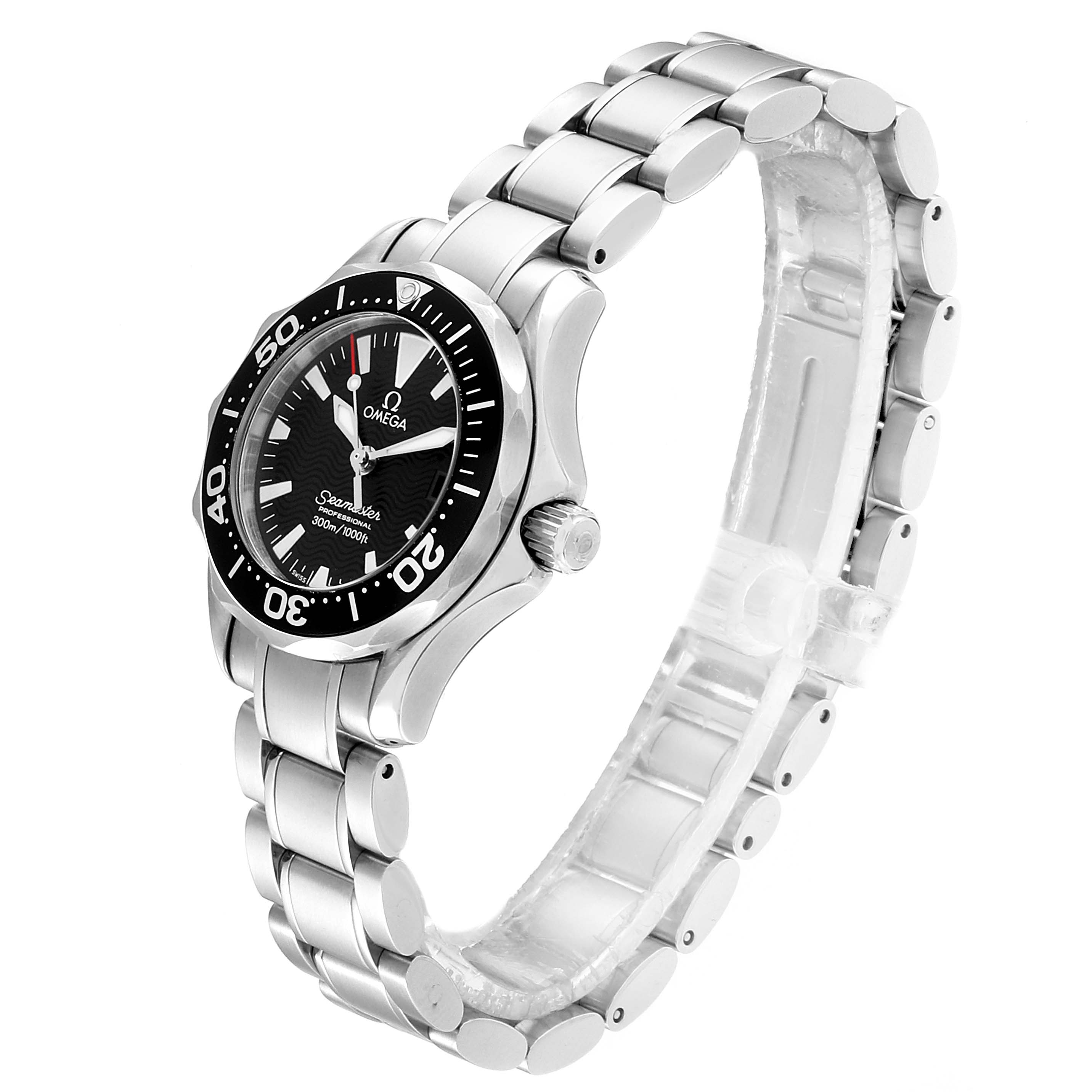 This image shows a side angle of the Omega 2284.50.00 Women's Stainless Steel Black Dial 2284.50.00 Women's Stainless Steel Black Dial Seamaster Diver 300M Quartz 28mm Steel Ladies Watch 2284.50.00, highlighting its black dial, bezel, and bracelet.