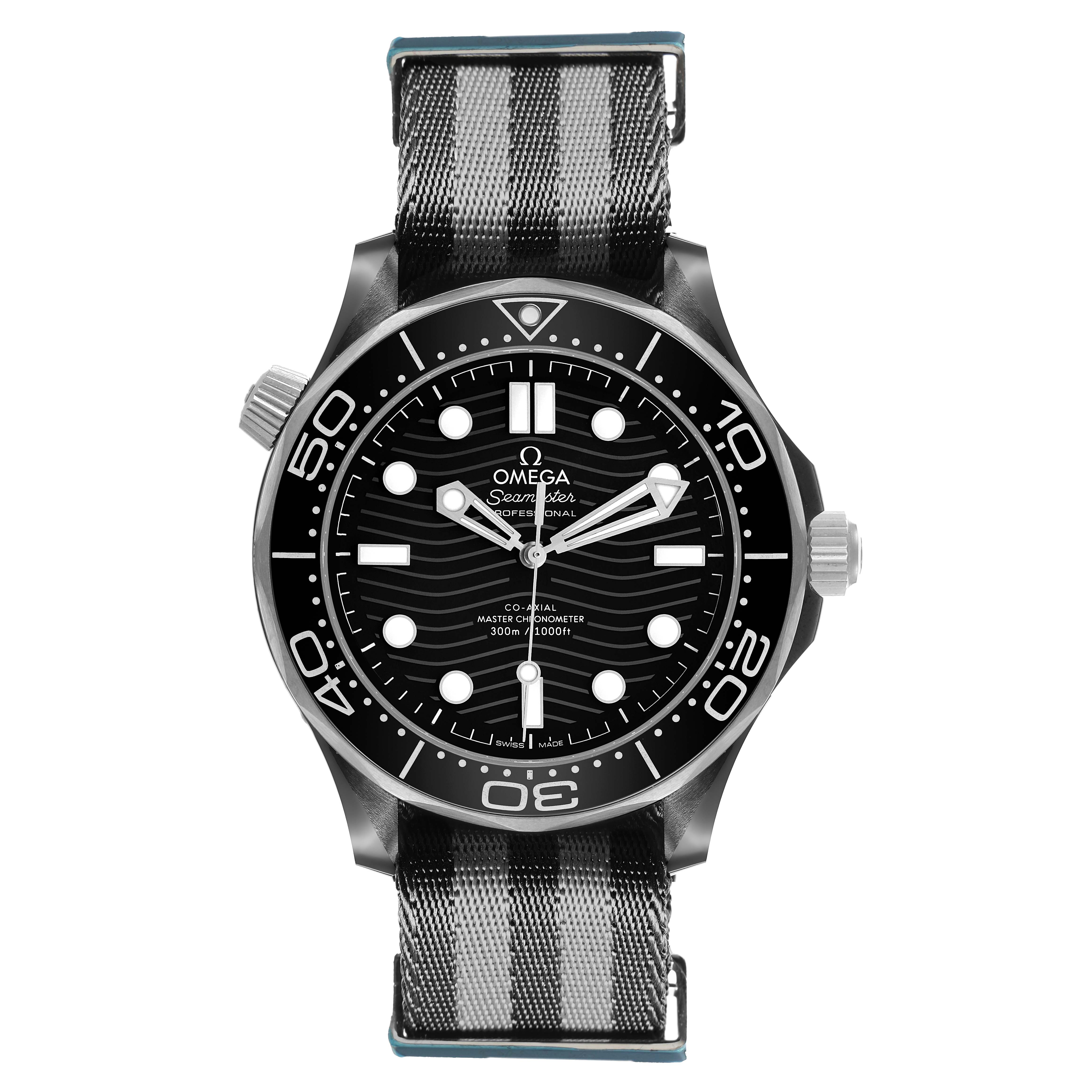 The Omega Seamaster 210.92.44.20.01.001 Men's Ceramic Black Dial model is shown from a front angle, highlighting the dial, bezel, and NATO strap.