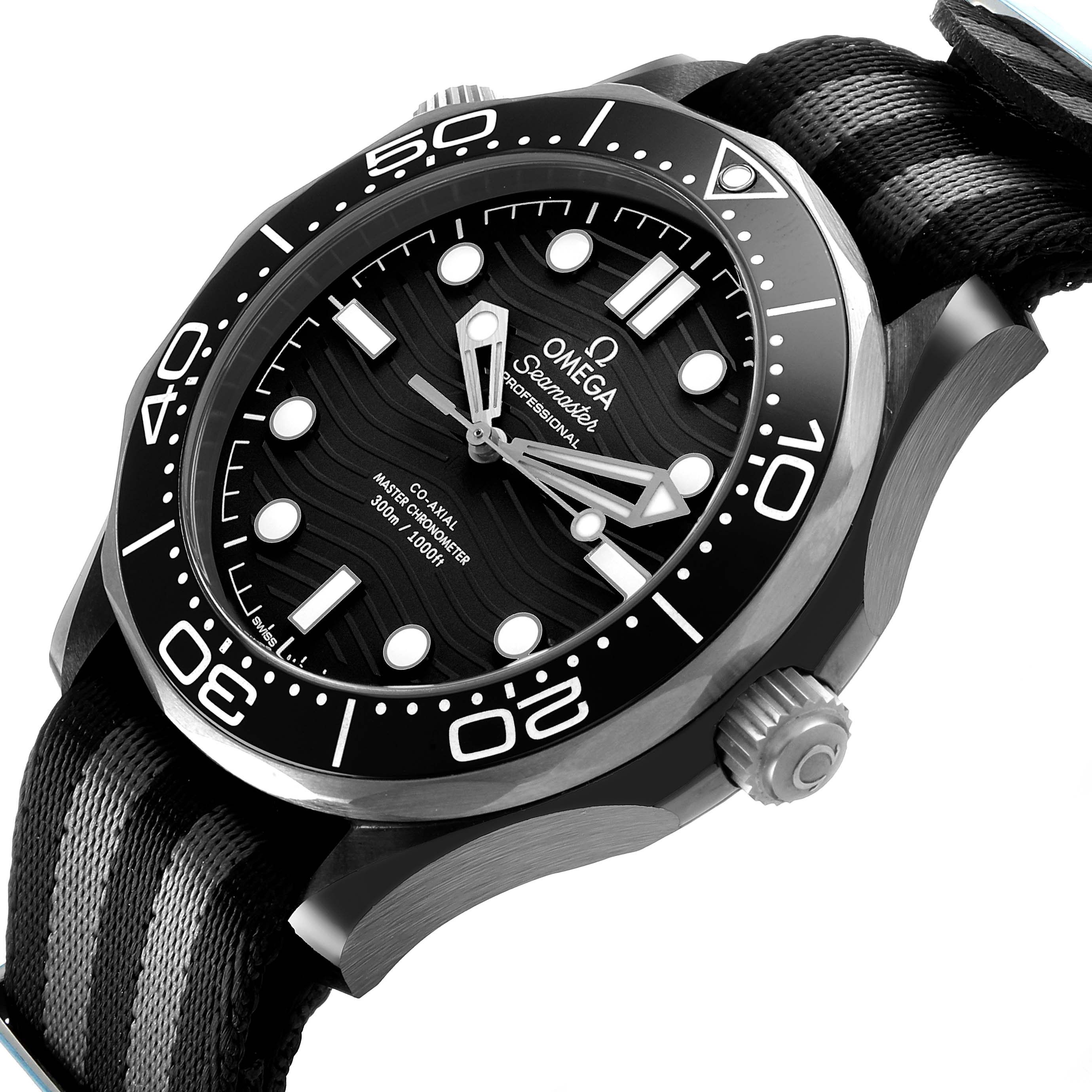 The Omega Seamaster 210.92.44.20.01.001 Men's Ceramic Black Dial is shown at an angled view, highlighting the face, bezel, and crown with a focus on the wave-pattern dial.