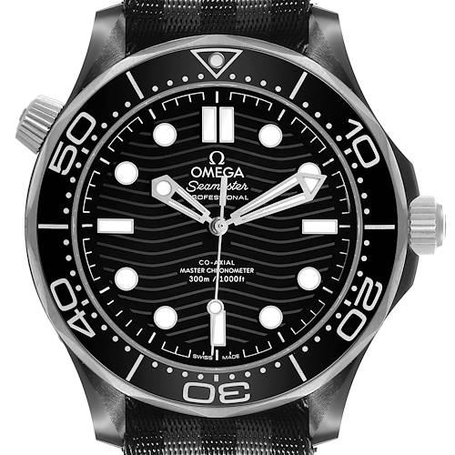 The Omega Seamaster 210.92.44.20.01.001 Men's Ceramic Black Dial watch is shown from a front view, highlighting its black dial, bezel, and markers.