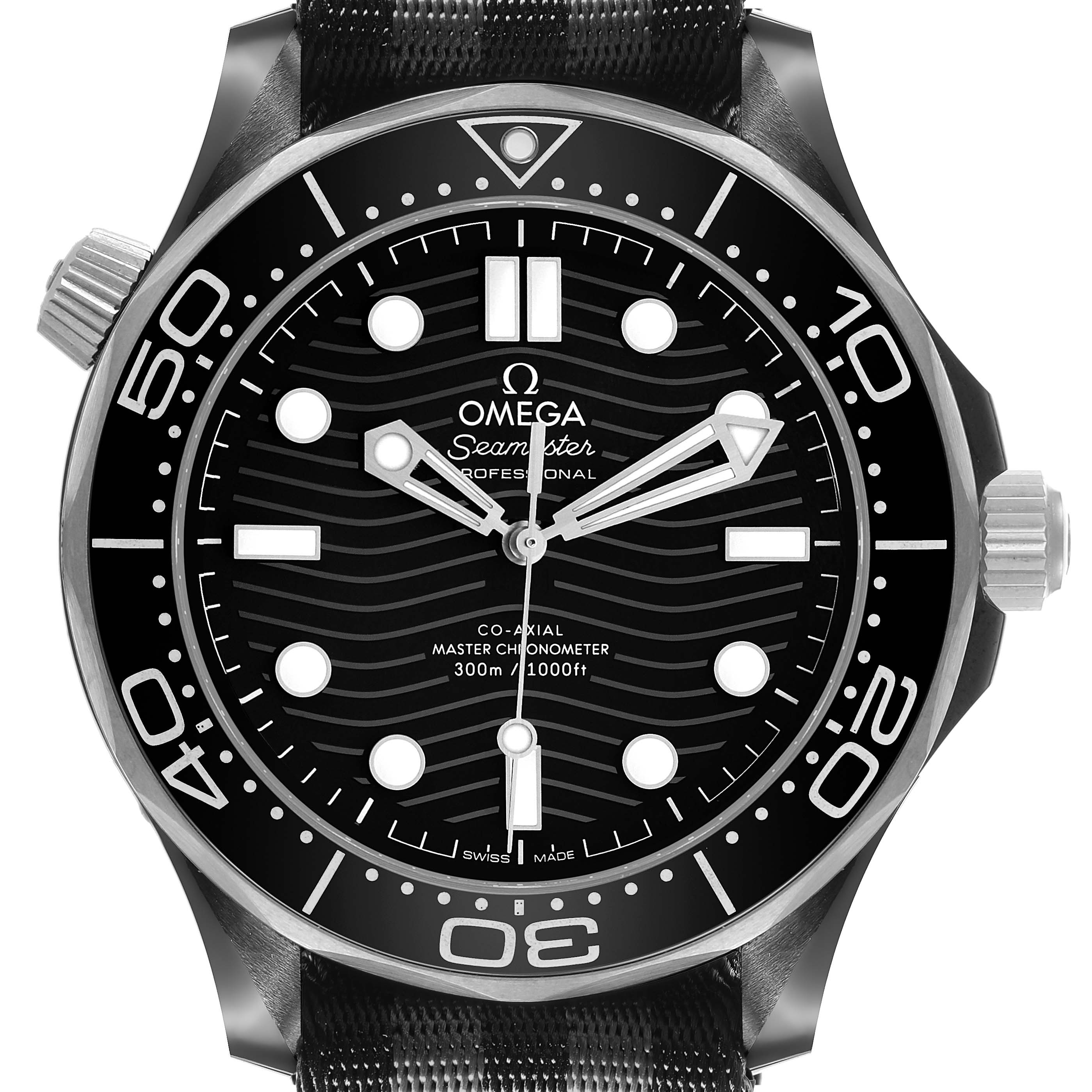 The Omega Seamaster 210.92.44.20.01.001 Men's Ceramic Black Dial watch is shown from a front view, highlighting the dial, bezel, and crown.