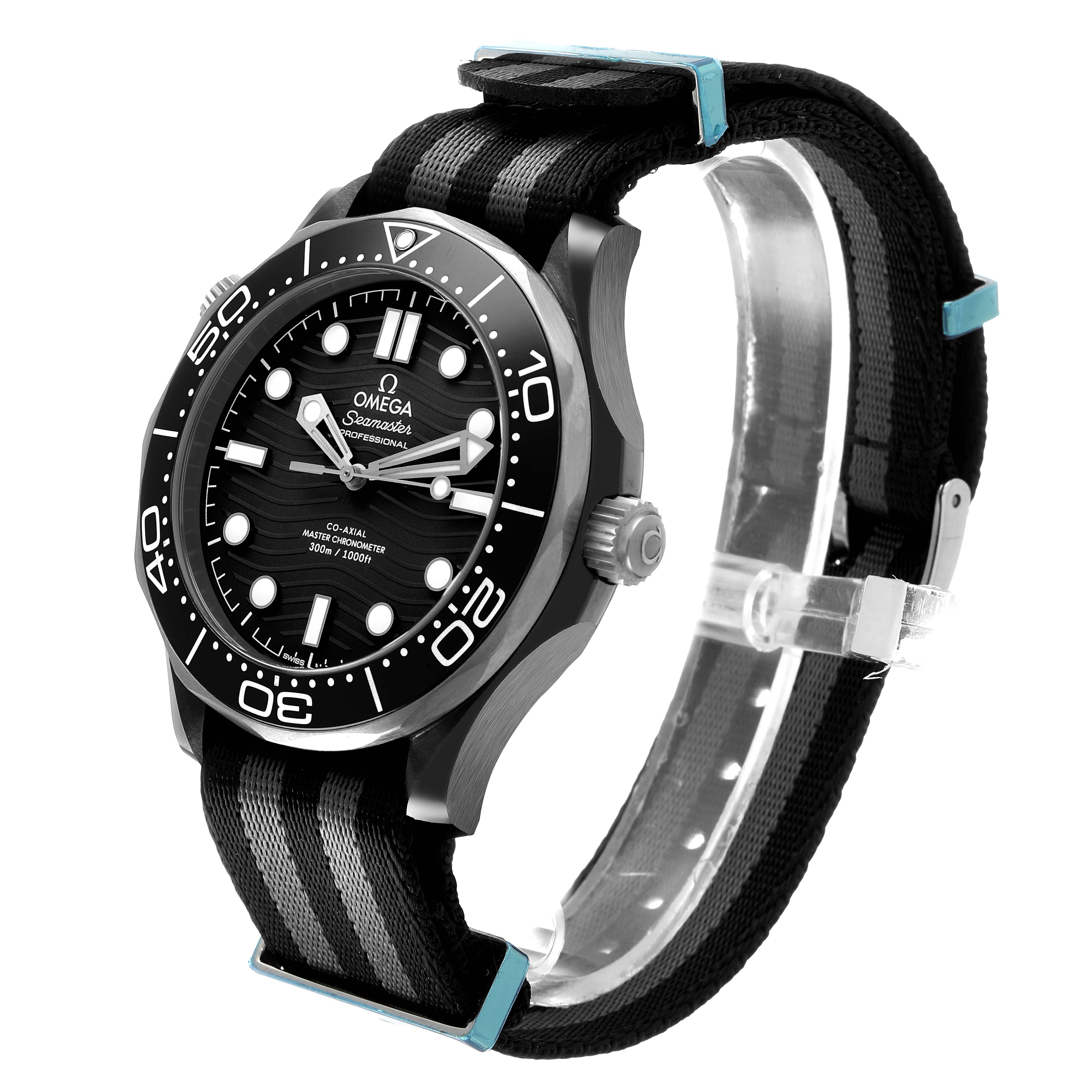 The image shows the Omega Seamaster 210.92.44.20.01.001 Men's Ceramic Black Dial watch at a three-quarter angle, highlighting the face, bezel, crown, and NATO strap.