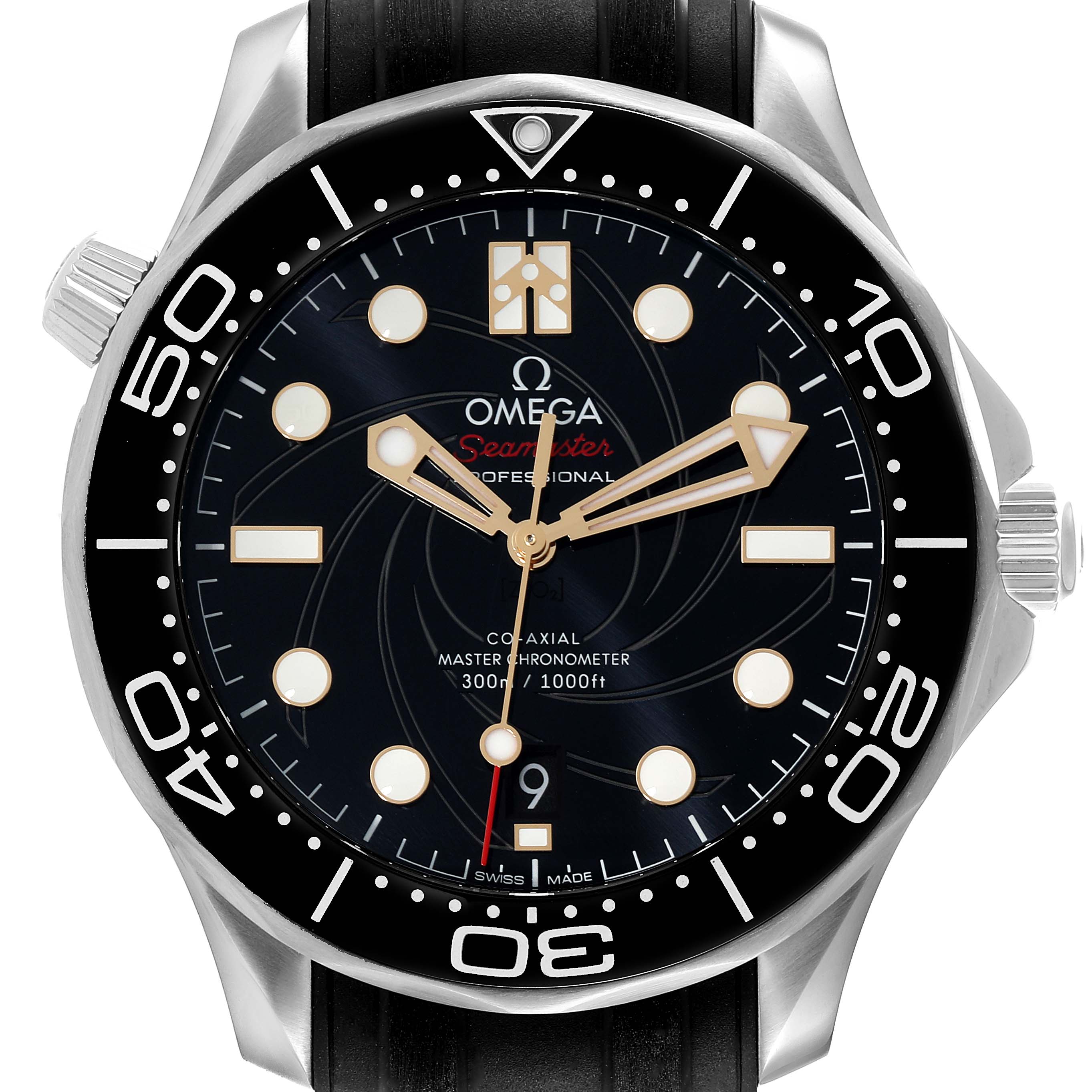 This image shows a front view of an Omega Seamaster 210.22.42.20.01.004 Men's Stainless Steel Black Dial 210.22.42.20.01.004 Men's Stainless Steel Black Dial watch, highlighting its face, bezel, and crown.