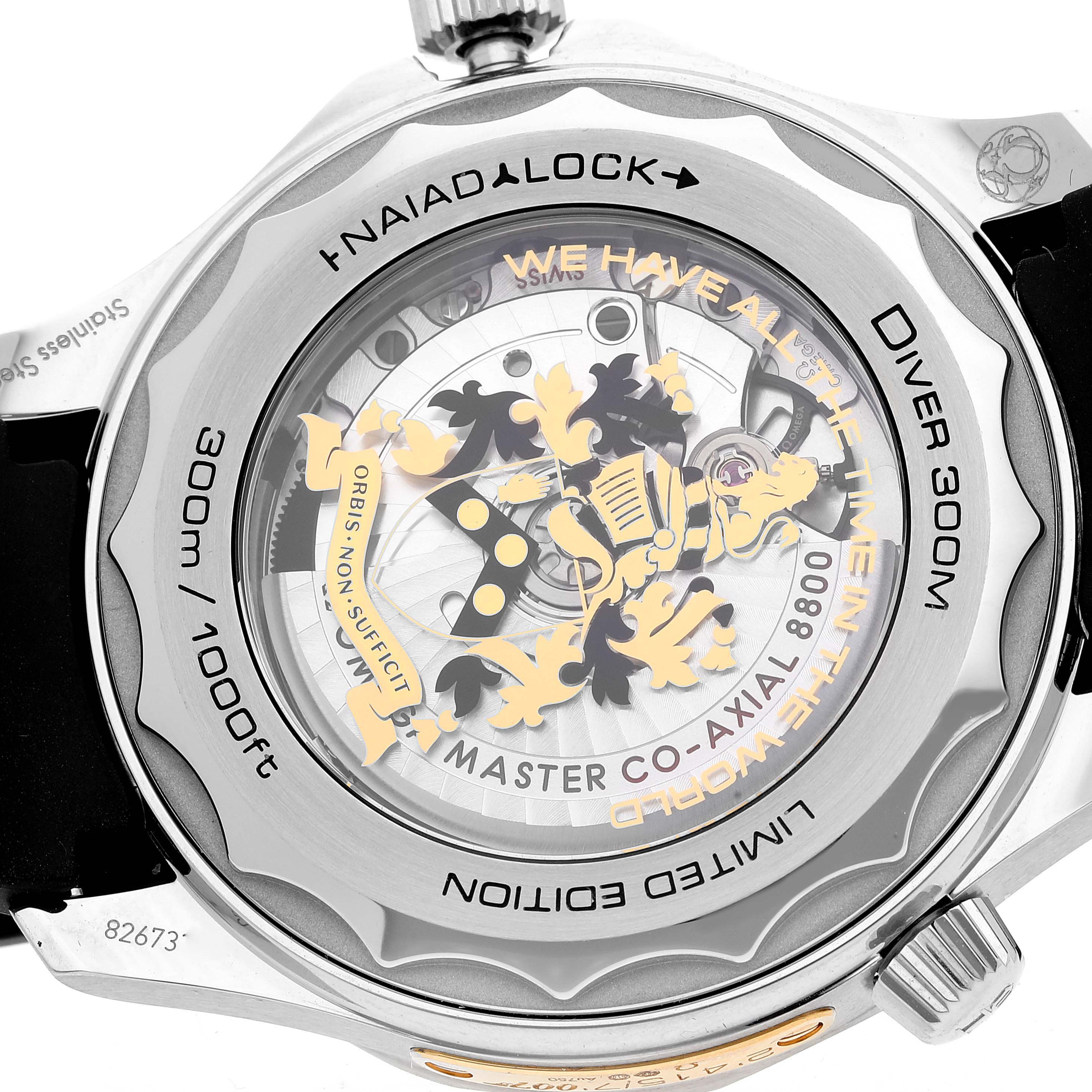 The image shows the case back of an Omega Seamaster 210.22.42.20.01.004 Men's Stainless Steel Black Dial 210.22.42.20.01.004 Men's Stainless Steel Black Dial Diver 300M, highlighting the NAIAD lock and the interior mechanics.