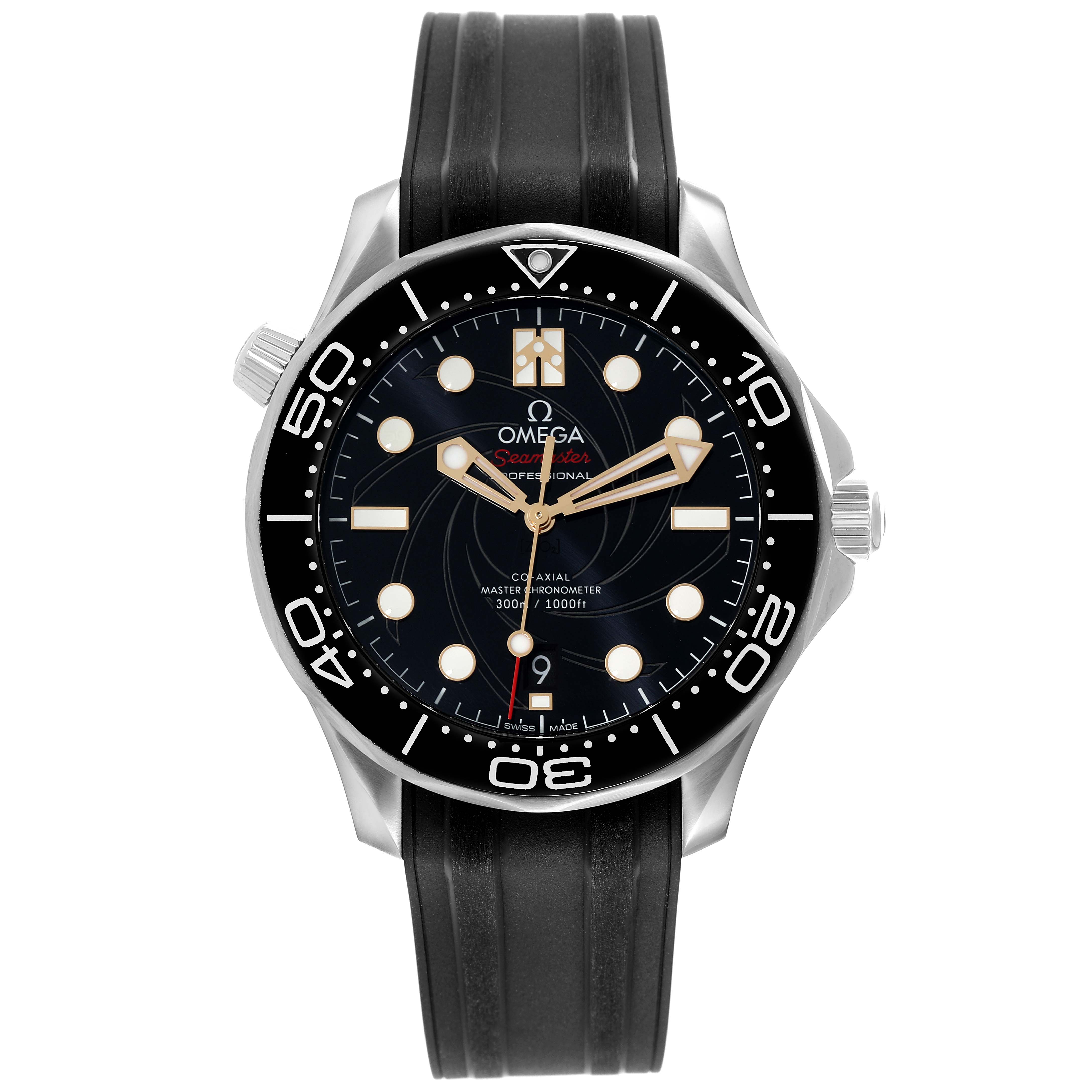 The image shows a front view of an Omega Seamaster 210.22.42.20.01.004 Men's Stainless Steel Black Dial 210.22.42.20.01.004 Men's Stainless Steel Black Dial watch, displaying its face, bezel, hands, markers, and rubber strap.