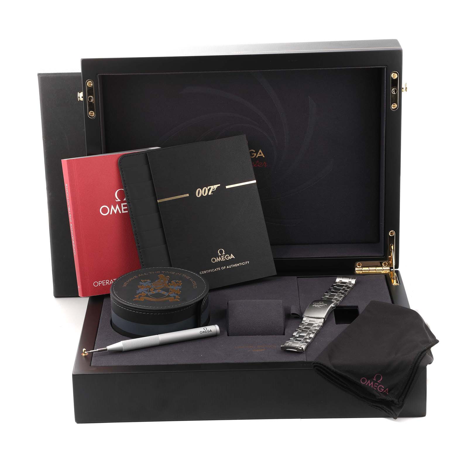 The image shows a display box for an Omega Seamaster 210.22.42.20.01.004 Men's Stainless Steel Black Dial 210.22.42.20.01.004 Men's Stainless Steel Black Dial watch, including booklets, a bracelet, a tool, and a cloth.