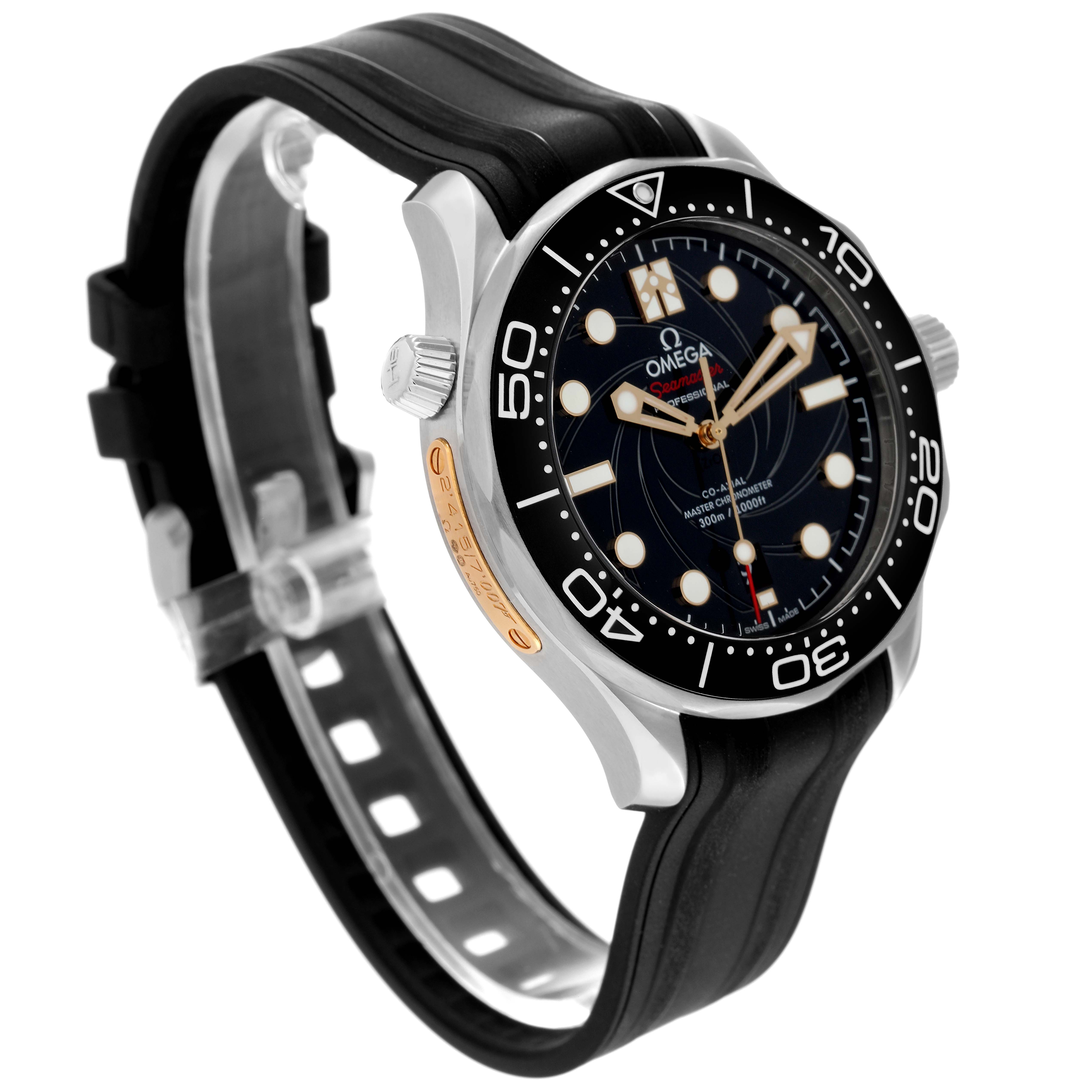 The Omega Seamaster 210.22.42.20.01.004 Men's Stainless Steel Black Dial 210.22.42.20.01.004 Men's Stainless Steel Black Dial watch is shown at an angled view, displaying its black dial, bezel, rubber strap, and crown.