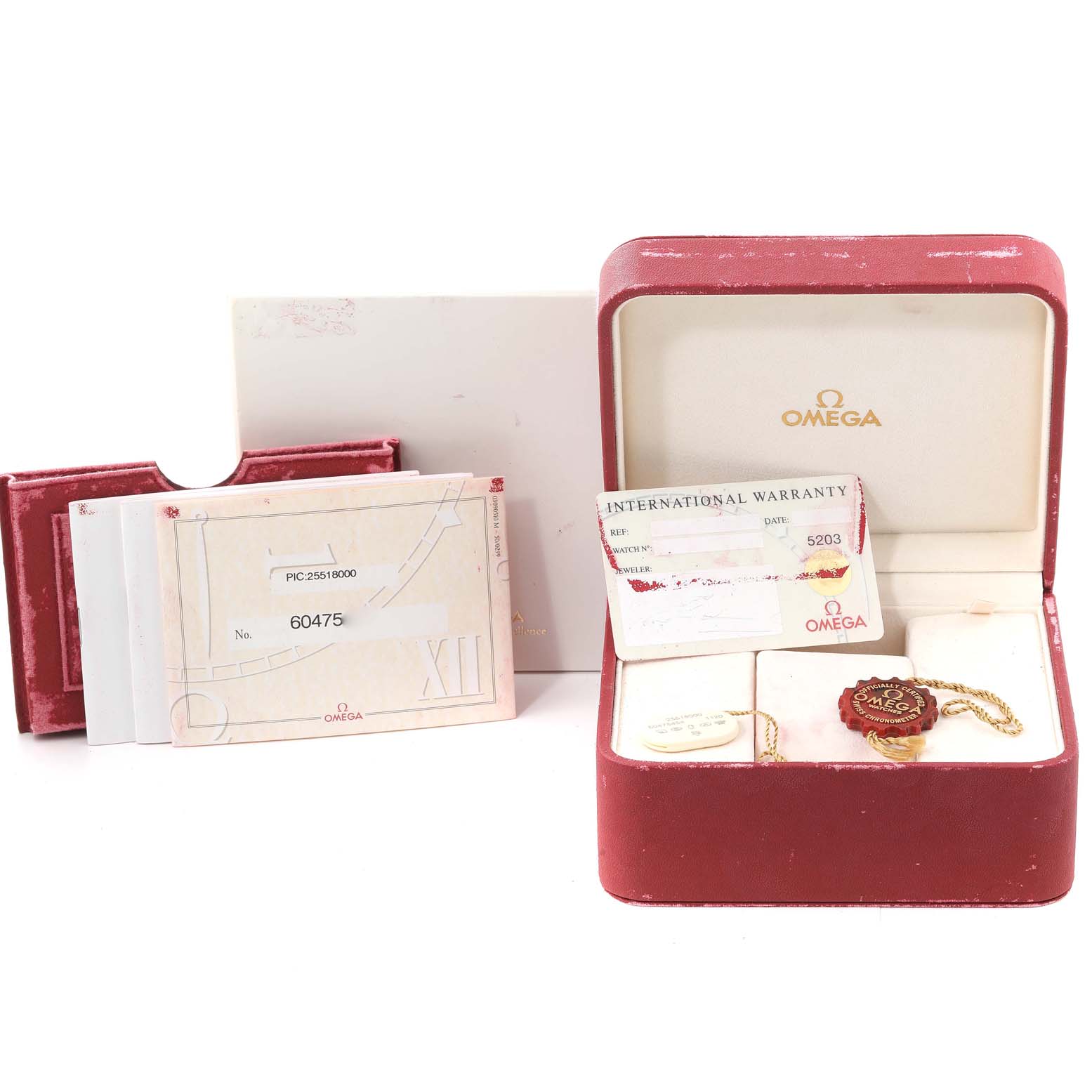 The image shows an Omega Speedmaster 2551.80.00 Men's Stainless Steel Blue Dial 2551.80.00 Men's Stainless Steel Blue Dial box set, including the watch box, warranty card, and other documentation, viewed from the front.