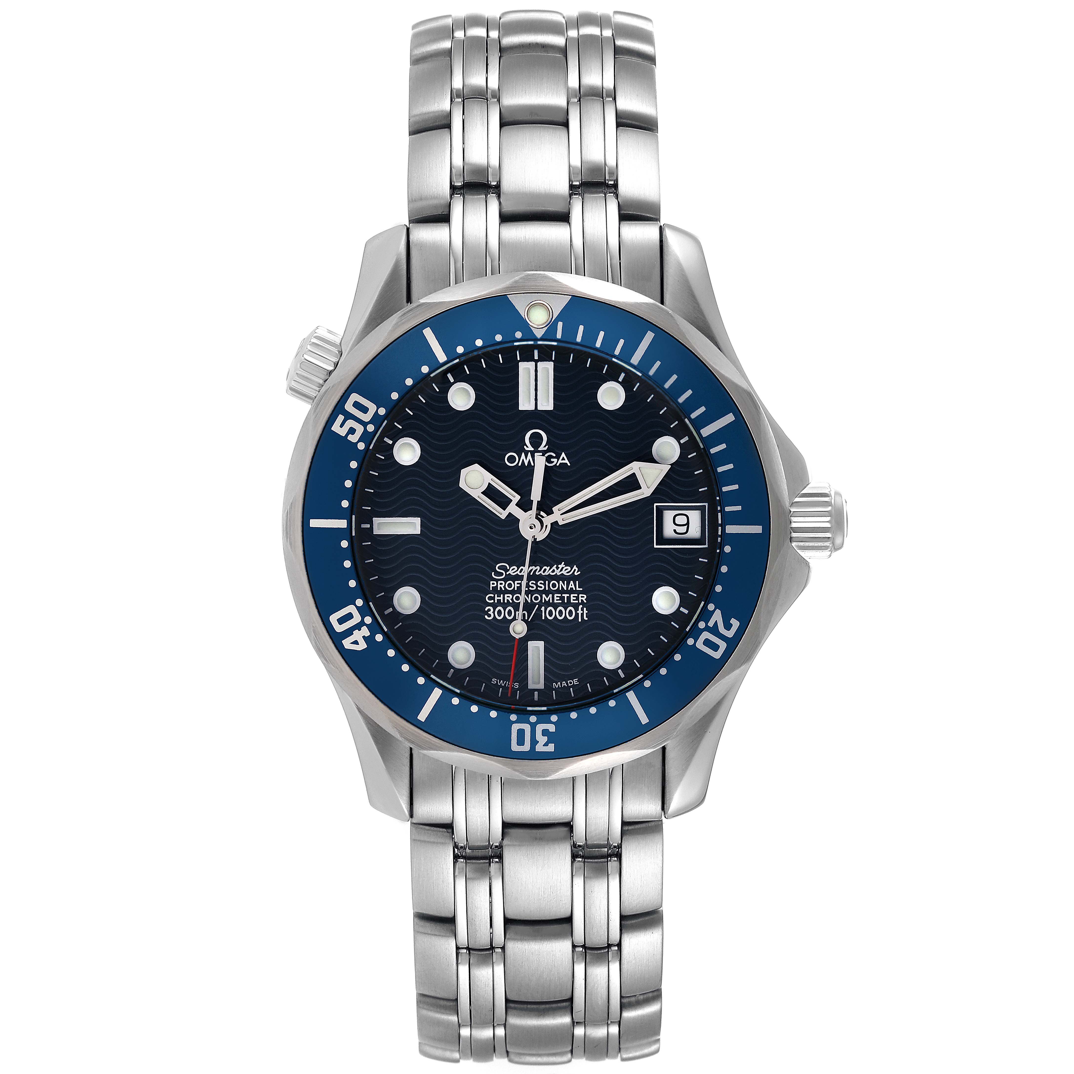 The image shows a front view of the Omega Seamaster watch, with the face, bezel, crown, and bracelet in full view.