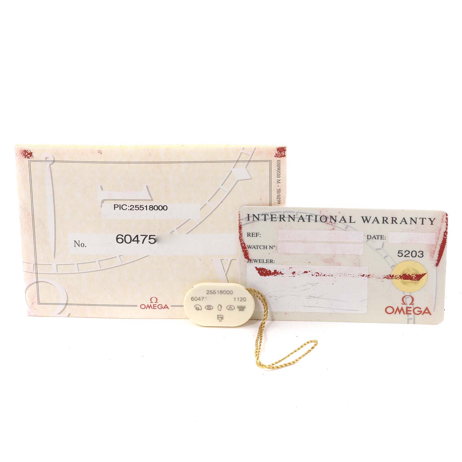 The image shows the packaging, an ID tag, and an international warranty card for an Omega Speedmaster 2551.80.00 Men's Stainless Steel Blue Dial 2551.80.00 Men's Stainless Steel Blue Dial watch.