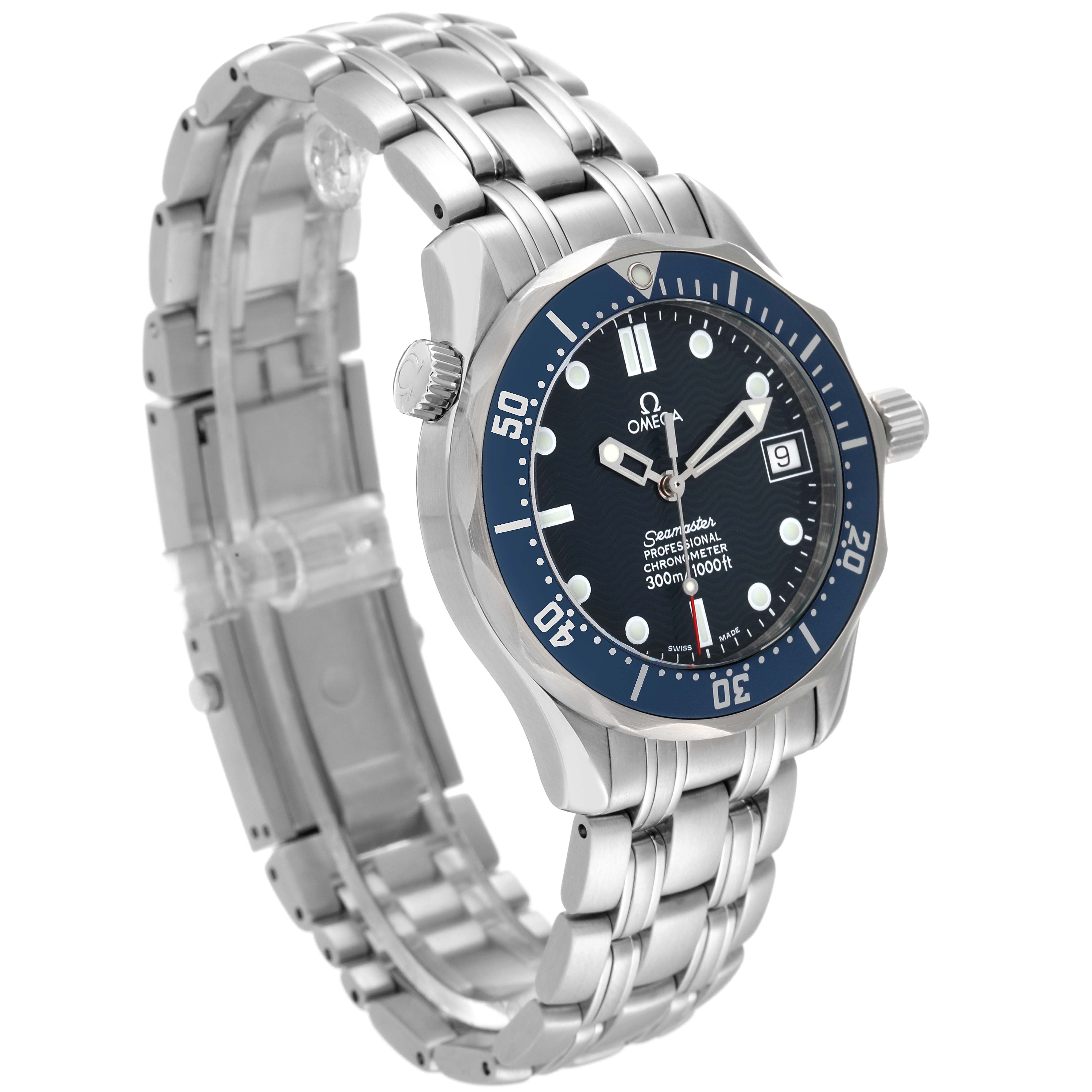 The image shows an Omega Seamaster model, highlighting its stainless steel bracelet, bezel, and dial at a slight angle.