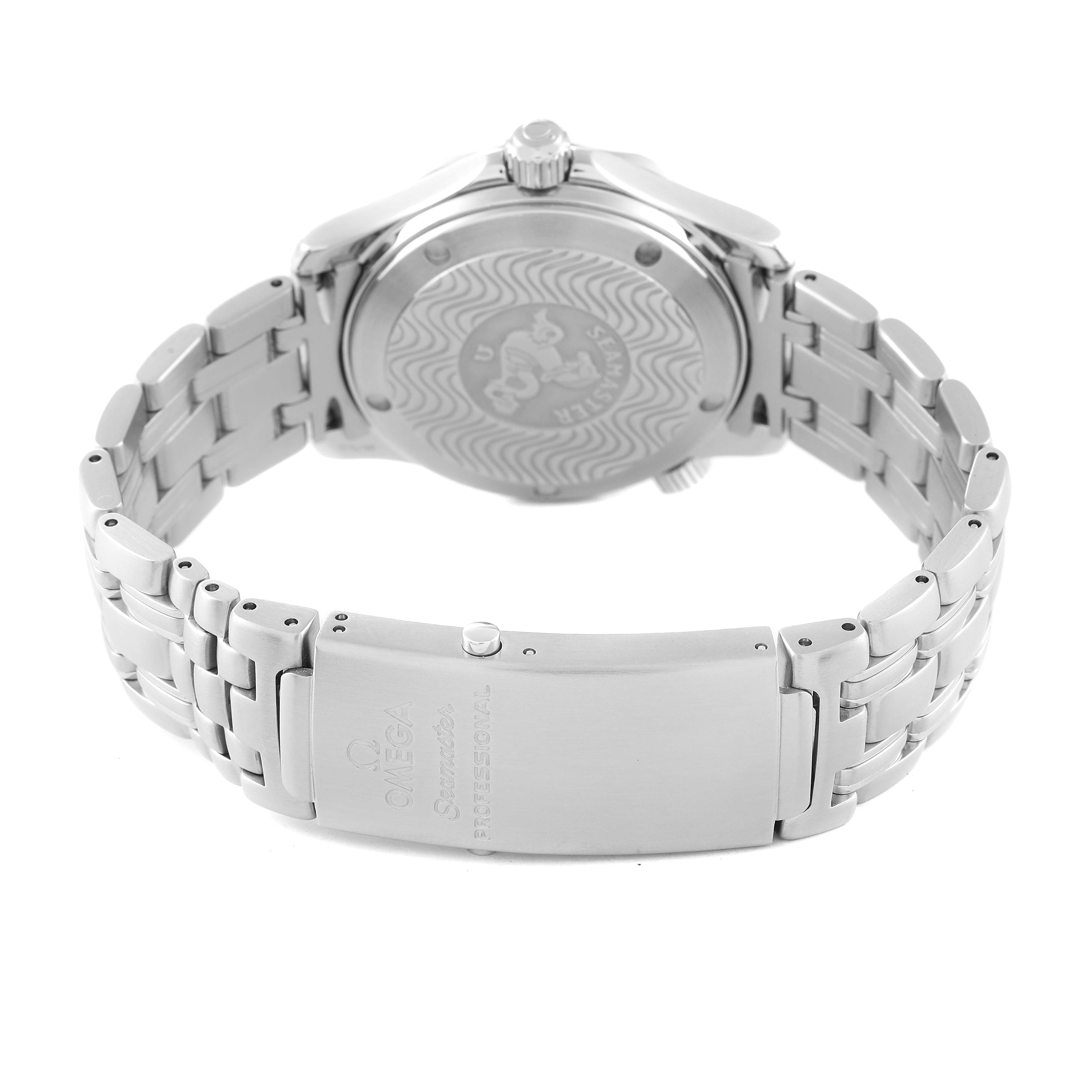 The image shows the back angle of an Omega Speedmaster 2551.80.00 Men's Stainless Steel Blue Dial 2551.80.00 Men's Stainless Steel Blue Dial watch, including its case back and metal bracelet with the clasp.