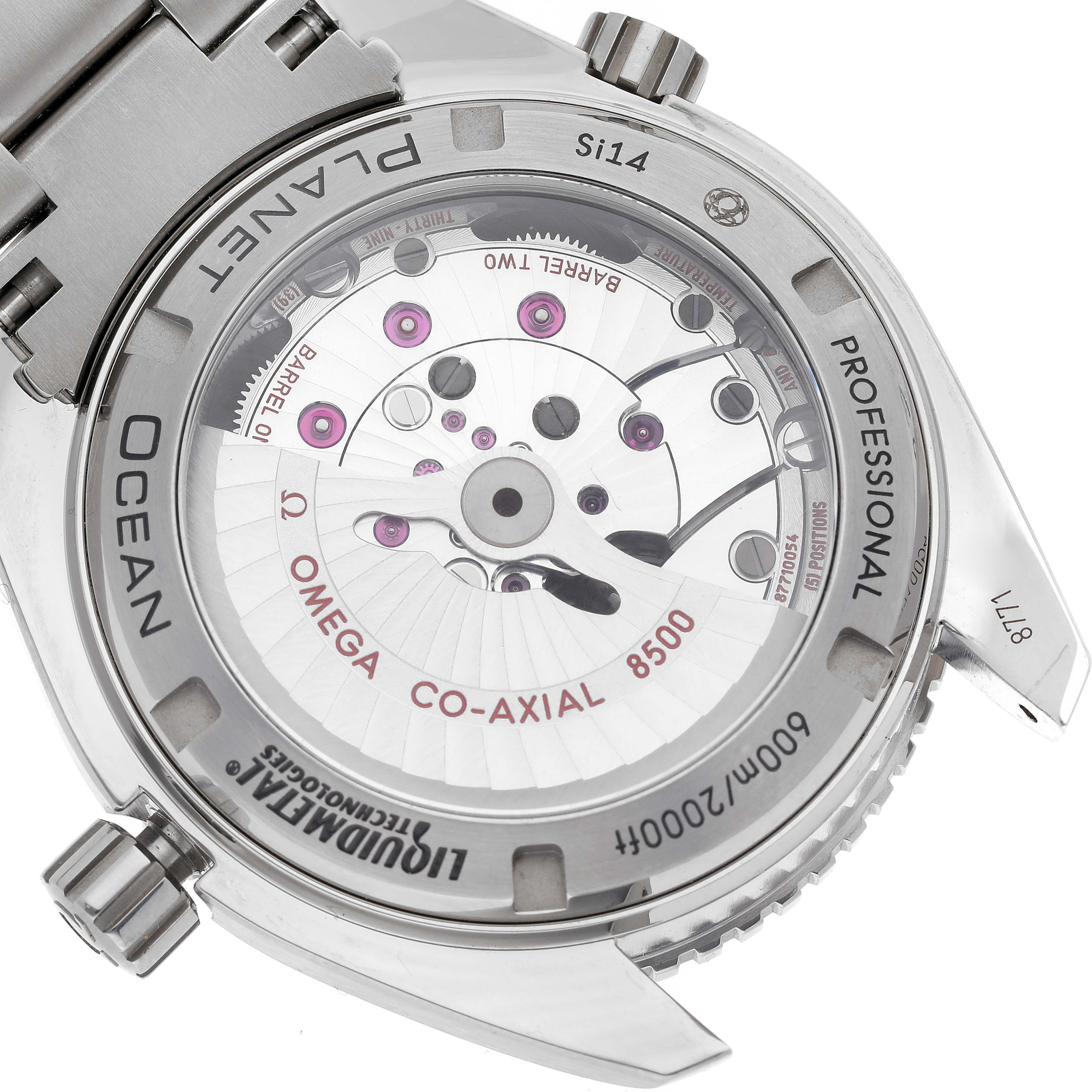 The image shows the back of the Omega Planet Ocean 232.90.42.21.03.001 Men
s Titanium Blue Dial 232.90.42.21.03.001 Men
s Titanium Blue Dial watch, highlighting its Co-Axial 8500 movement and transparent case back.