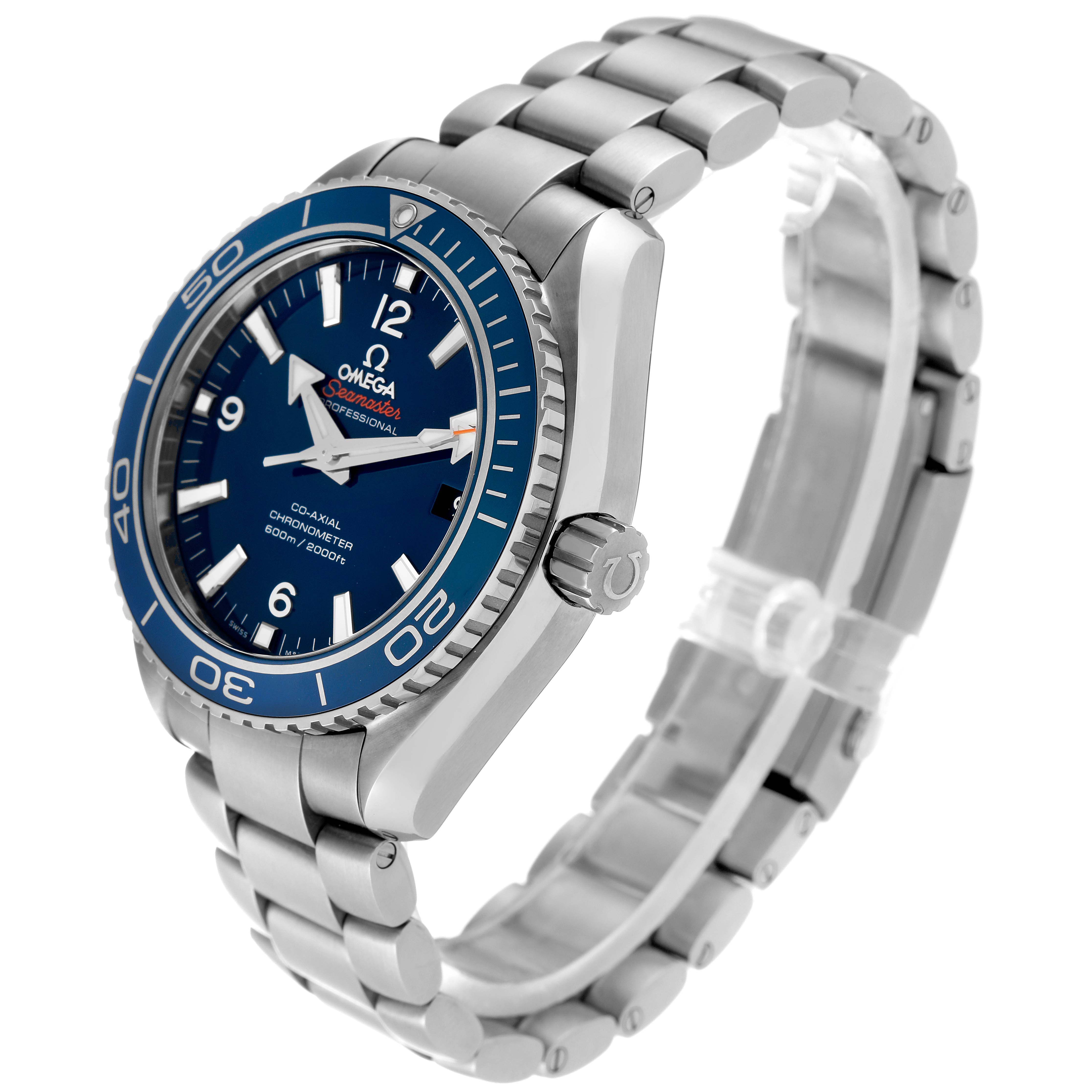 This image shows an Omega Planet Ocean 232.90.42.21.03.001 Men
s Titanium Blue Dial 232.90.42.21.03.001 Men
s Titanium Blue Dial model watch at a three-quarter angle highlighting the dial, bezel, crown, and metal bracelet.