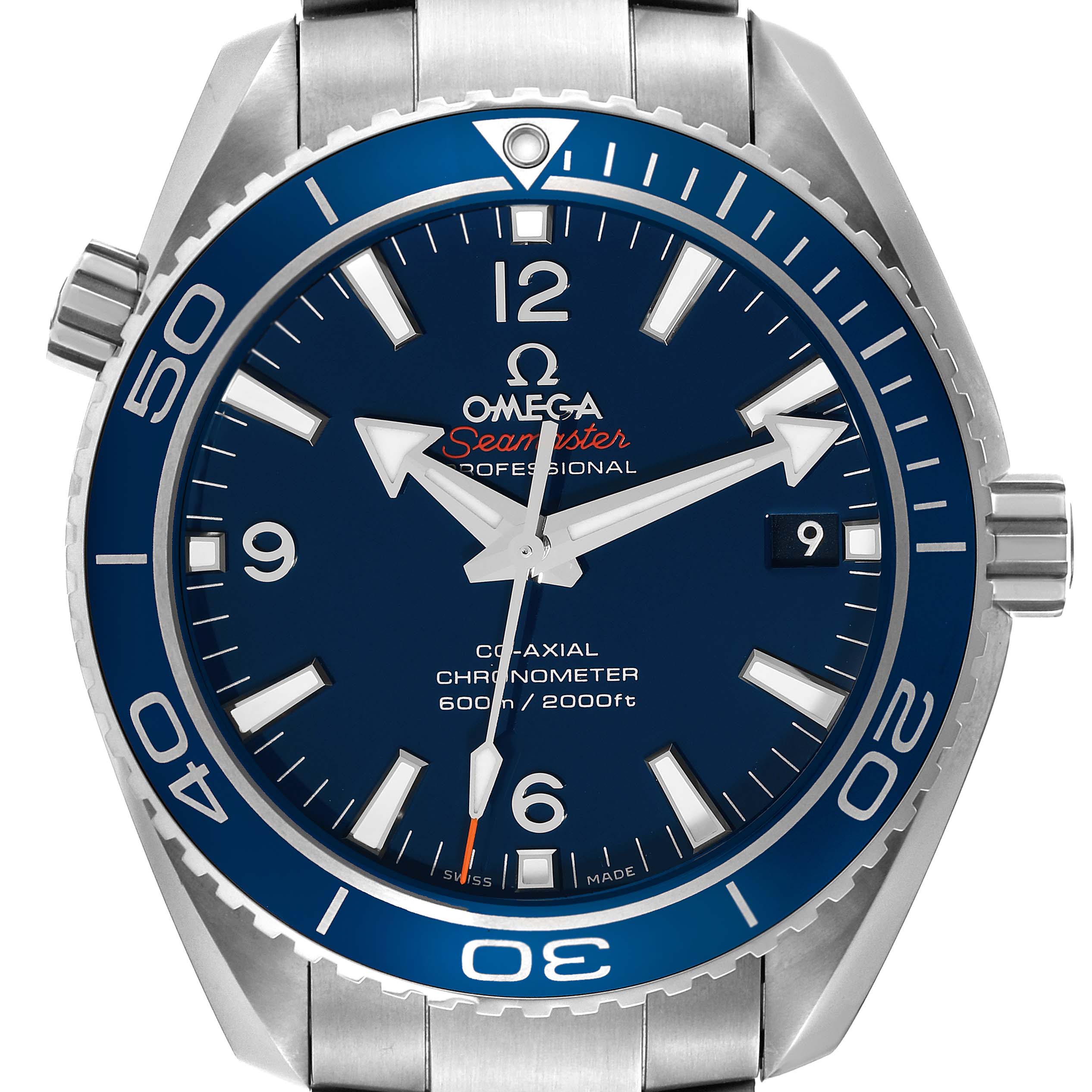 This is a front-angle view of the Omega Planet Ocean 232.90.42.21.03.001 Men
s Titanium Blue Dial 232.90.42.21.03.001 Men
s Titanium Blue Dial Seamaster watch showcasing the dial and bezel.