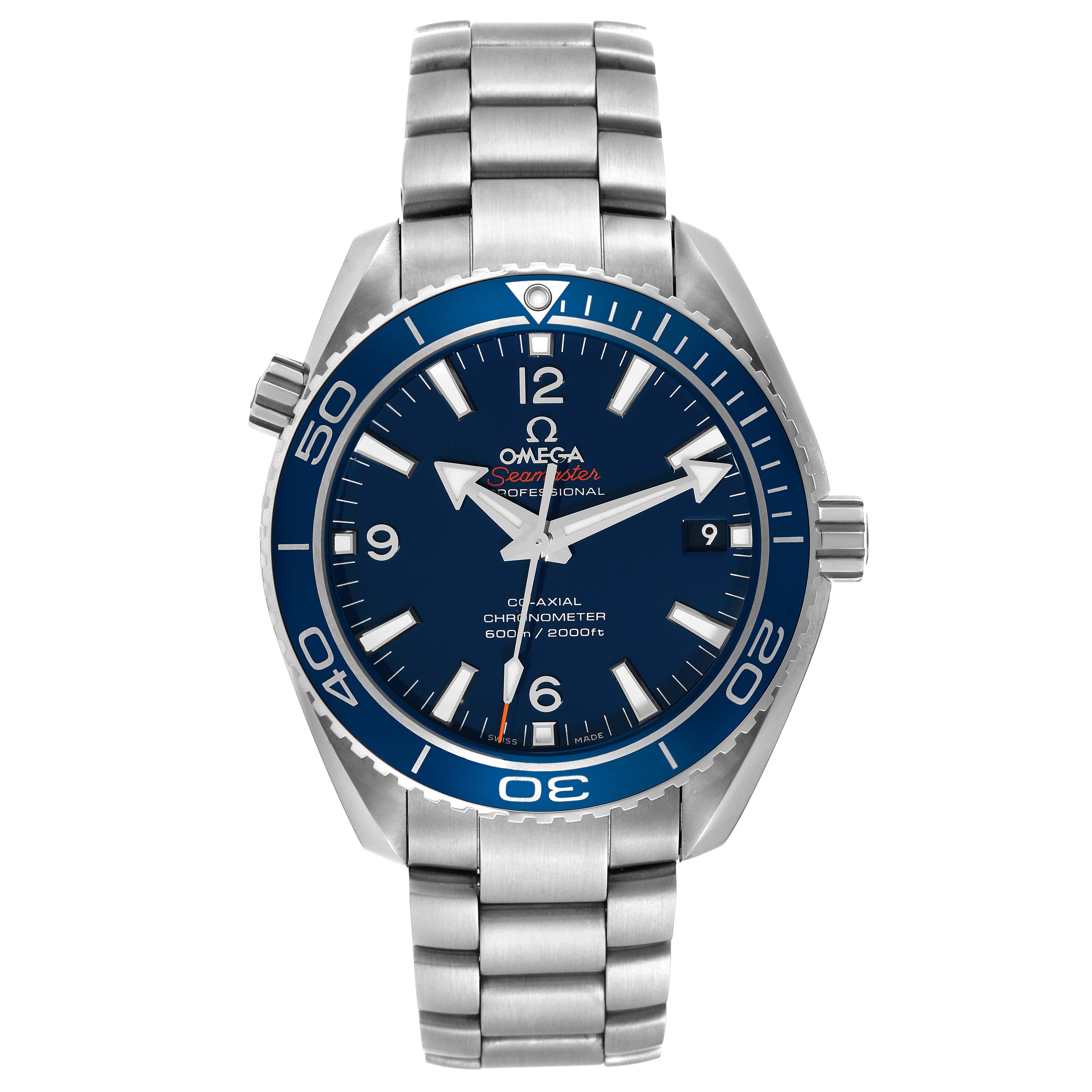 The Omega Planet Ocean 232.90.42.21.03.001 Men
s Titanium Blue Dial 232.90.42.21.03.001 Men
s Titanium Blue Dial watch is shown from a front angle, displaying the face, bezel, and metal bracelet.