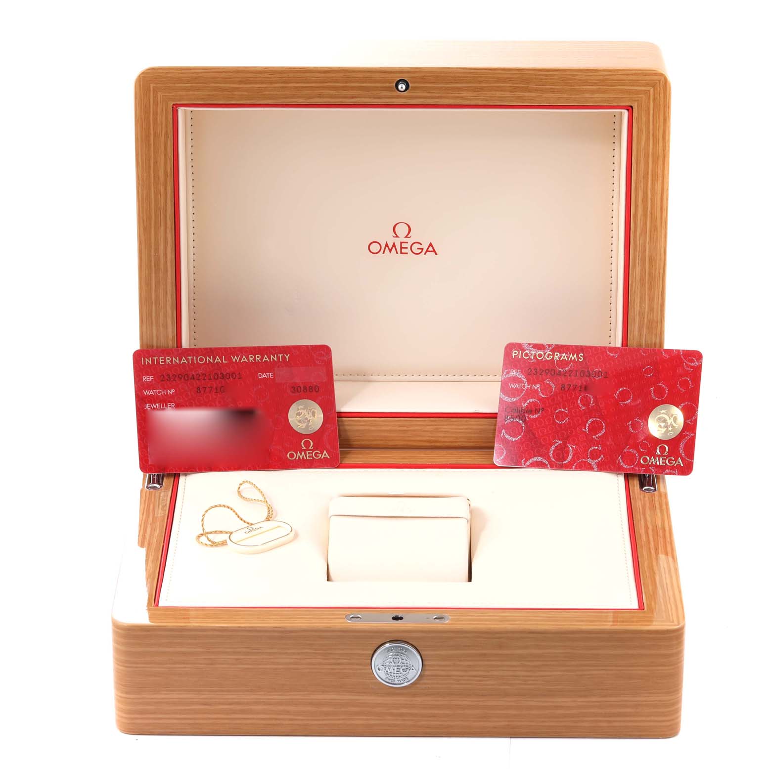 The photo shows an Omega Planet Ocean 232.90.42.21.03.001 Men
s Titanium Blue Dial 232.90.42.21.03.001 Men
s Titanium Blue Dial watch box, with warranty and pictogram cards, and a watch stand inside.