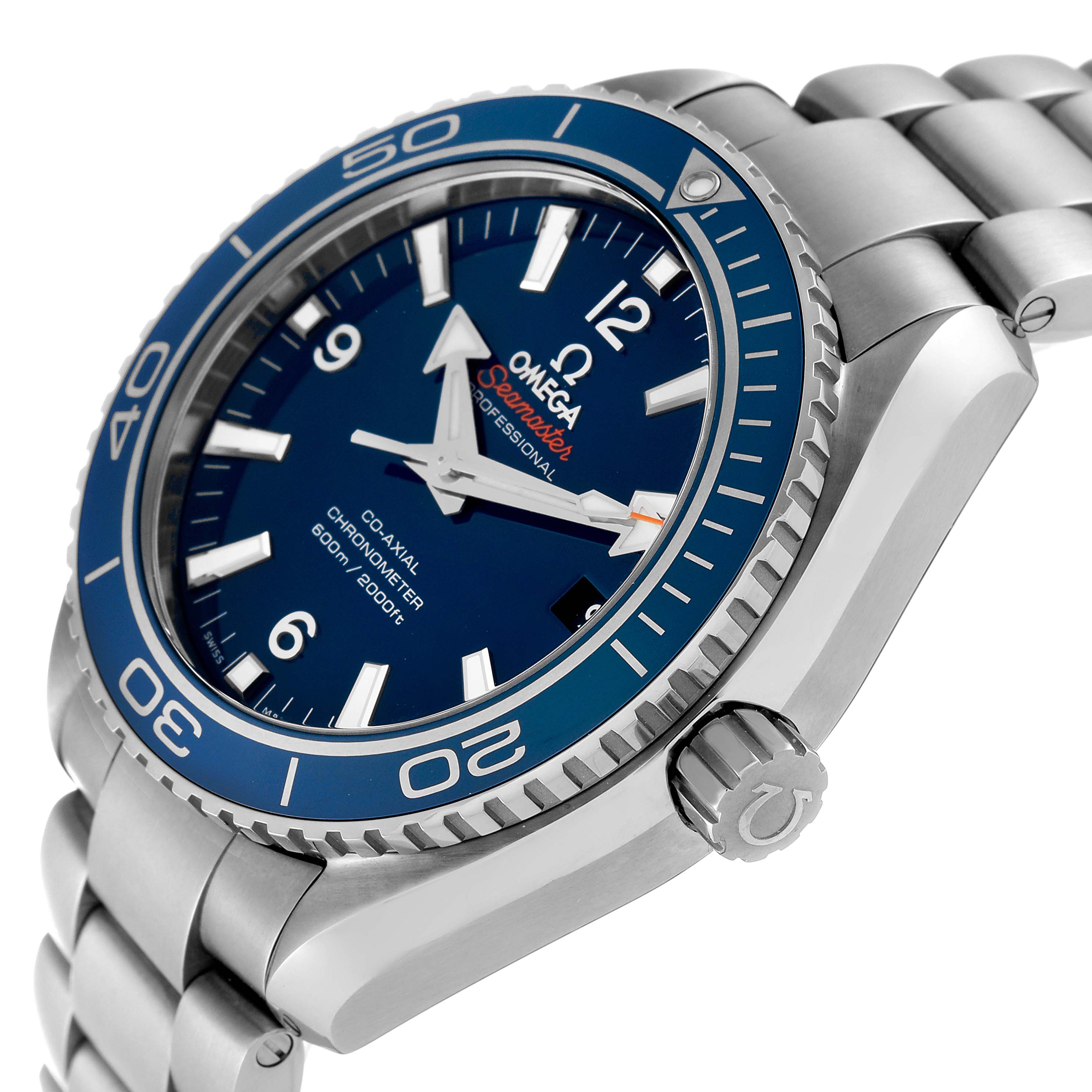 The image shows an angled close-up of the Omega Planet Ocean 232.90.42.21.03.001 Men
s Titanium Blue Dial 232.90.42.21.03.001 Men
s Titanium Blue Dial watch, highlighting the bezel, dial, and bracelet.