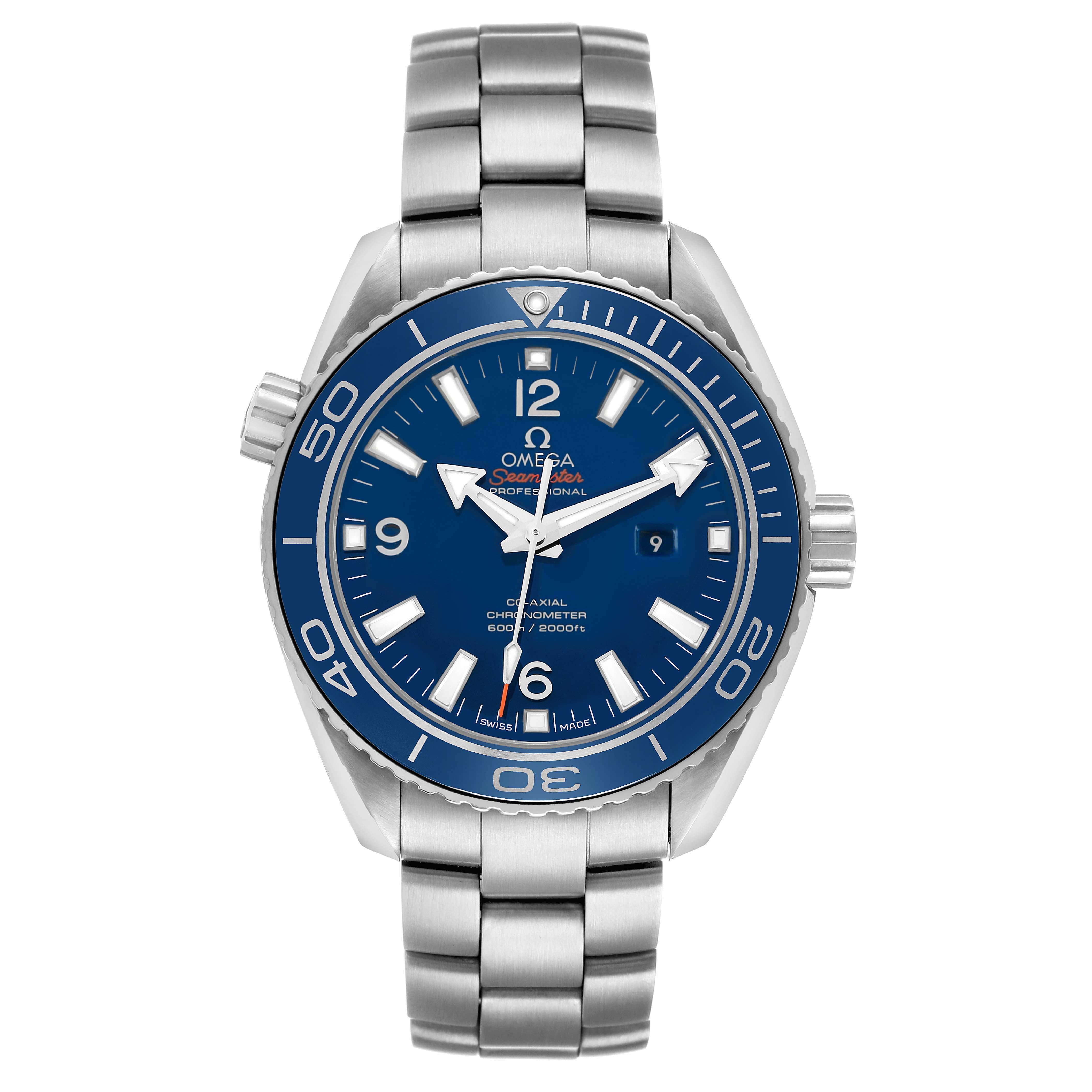 The Omega Seamaster 232.90.38.20.03.001 Men's Stainless Steel Blue Dial watch is shown from a front angle displaying its face, bezel, and bracelet.