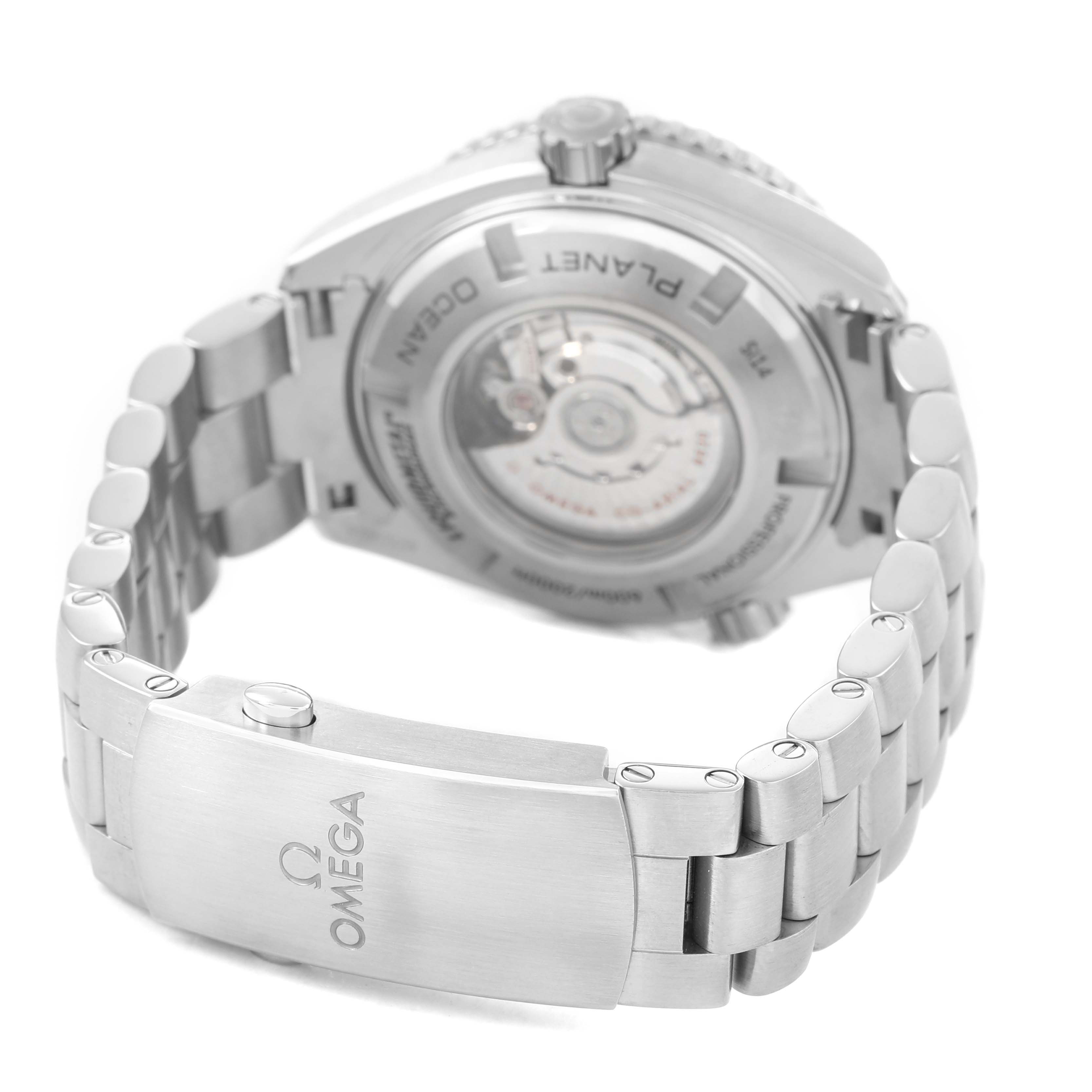 The image shows the back case of the Omega Seamaster 232.90.38.20.03.001 Men's Stainless Steel Blue Dial, displaying its mechanism and the bracelet clasp.