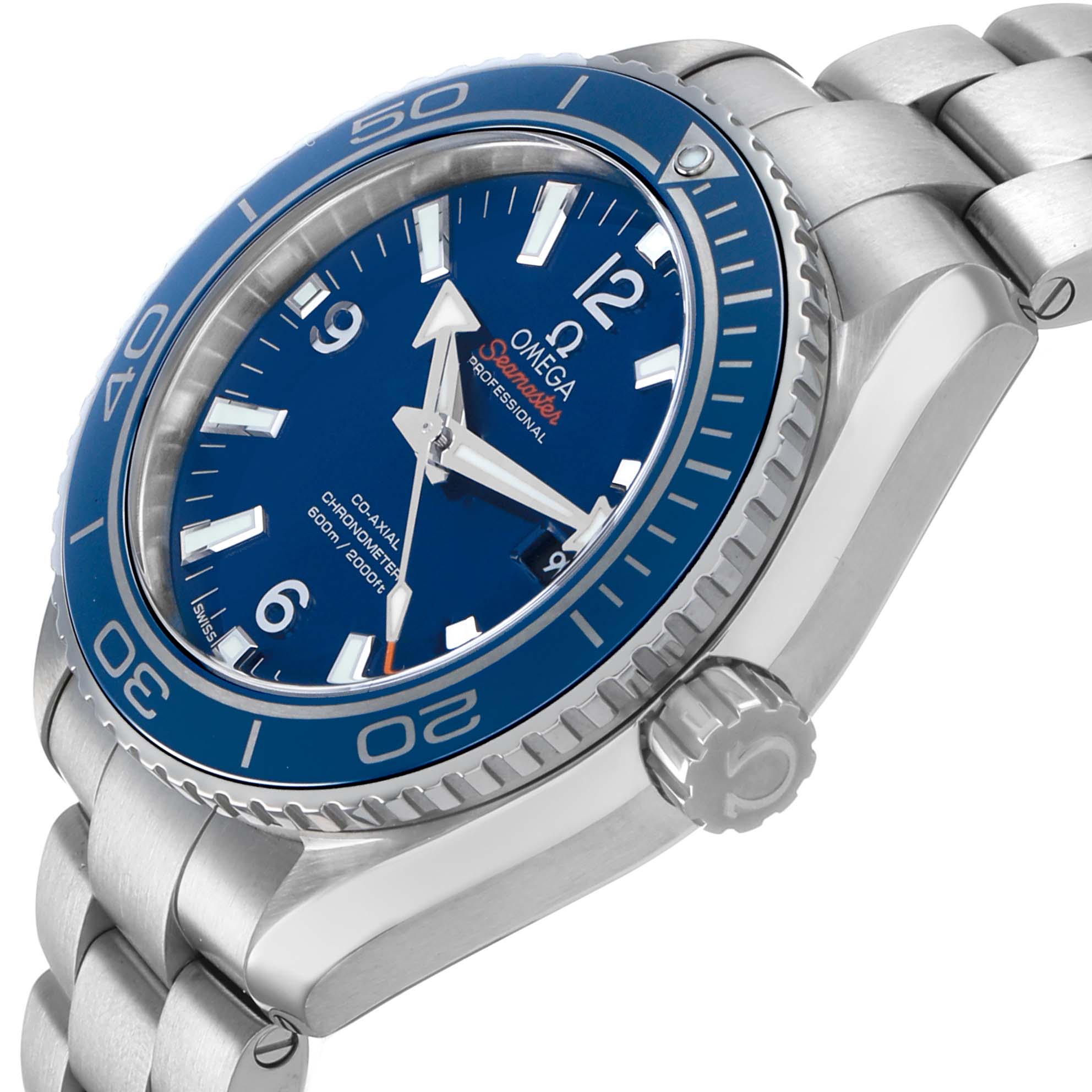The Omega Seamaster 232.90.38.20.03.001 Men's Stainless Steel Blue Dial watch is shown from a three-quarter angle, highlighting the blue dial, bezel, and stainless steel bracelet.