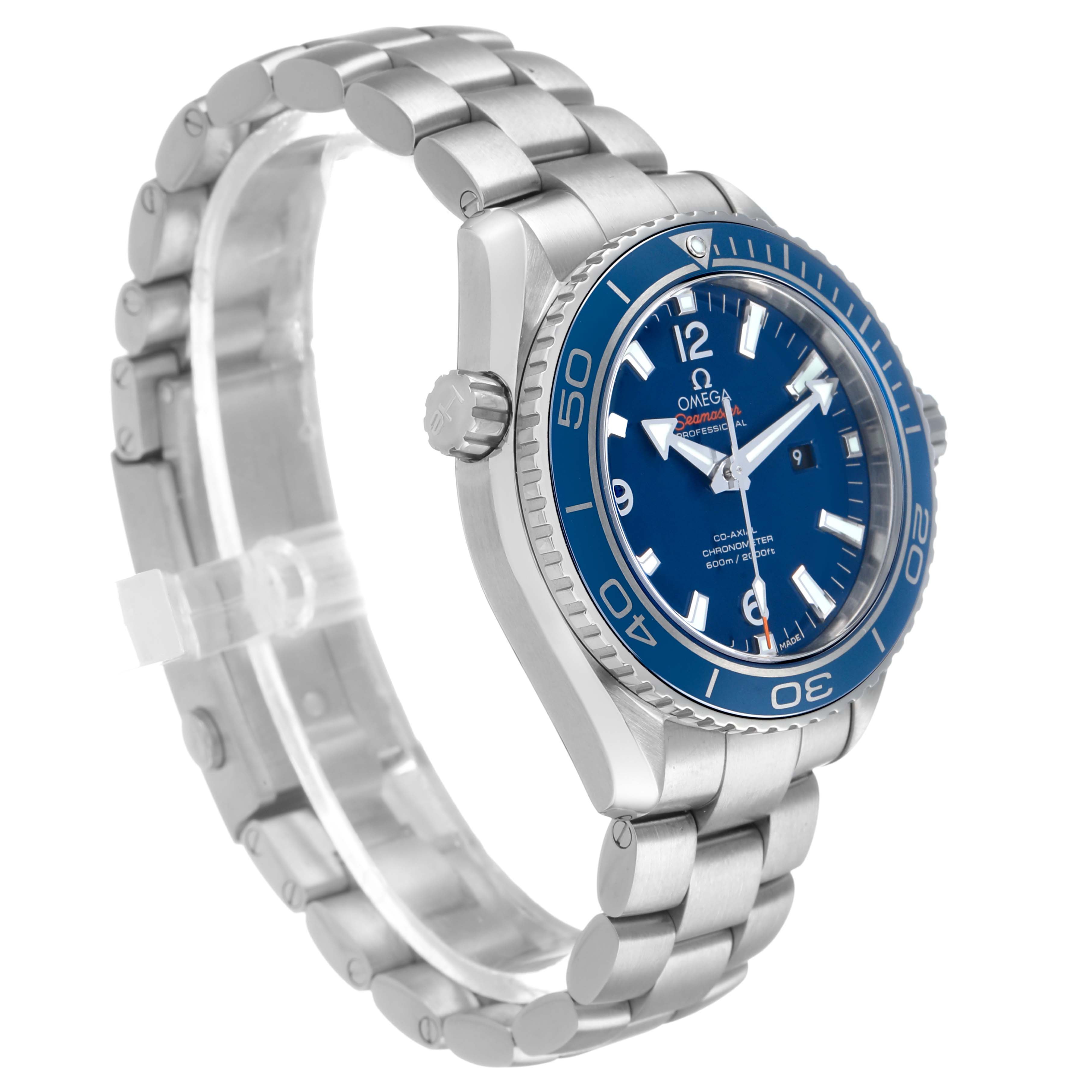 The Omega Seamaster 232.90.38.20.03.001 Men's Stainless Steel Blue Dial watch is shown at a three-quarter angle, highlighting the bezel, crown, bracelet, and dial.