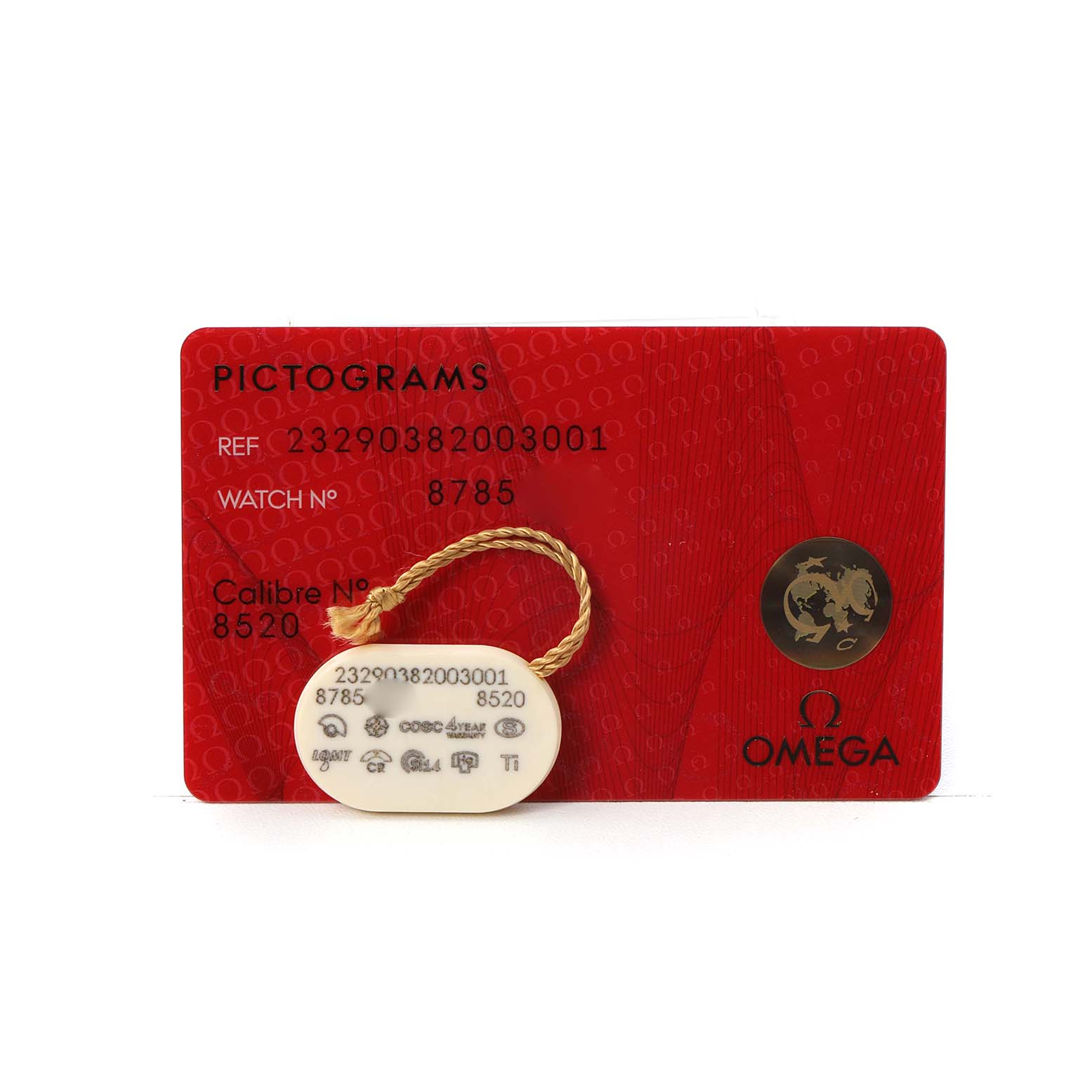 The image shows a red Omega Seamaster 232.90.38.20.03.001 Men's Stainless Steel Blue Dial card displaying model, watch, and caliber numbers with an attached tag.